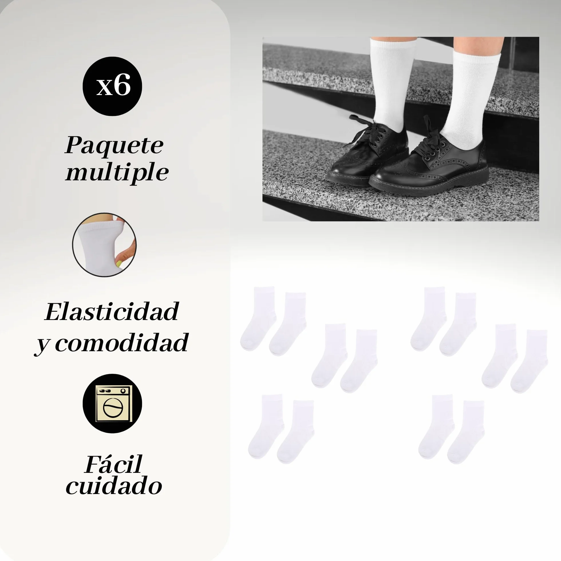 (6 pares) calceltines escolares para niña-niño blancos de algodon uso colegio, deportes, casual unisex, calcetin para uniforme escolar semialtos, medias (FR/ES, Números, 11, Regular, BLANCO 25-28)