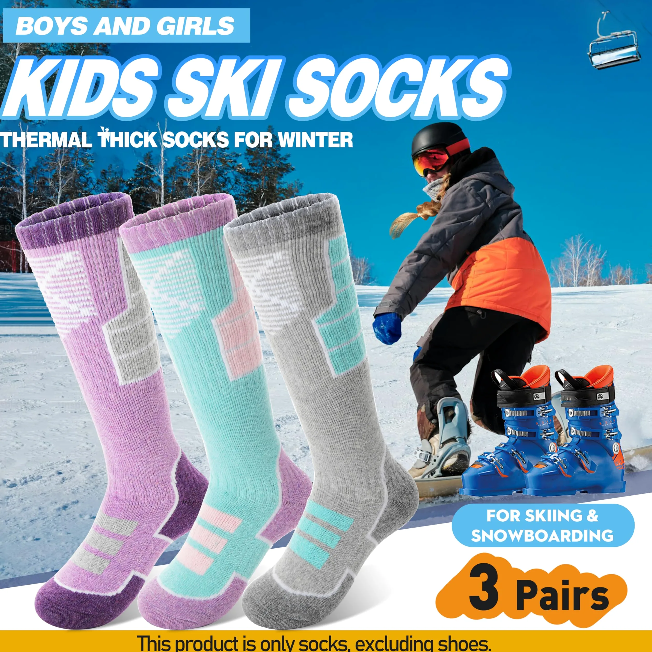 Anlisim - Calcetines de esquí de lana merina para niños, 3 pares de calcetines térmicos para invierno, cálidos y transpirables para esquí, snowboard