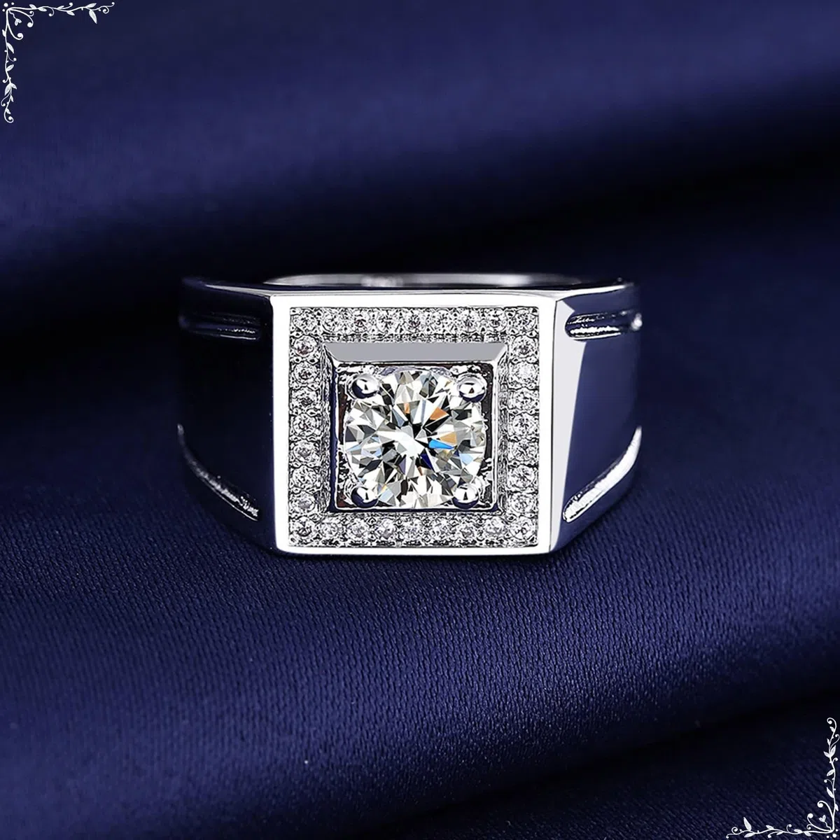 Anillo de compromiso de oro blanco de 9 quilates, 14 quilates y 18 quilates para hombre, ancho con moissanita