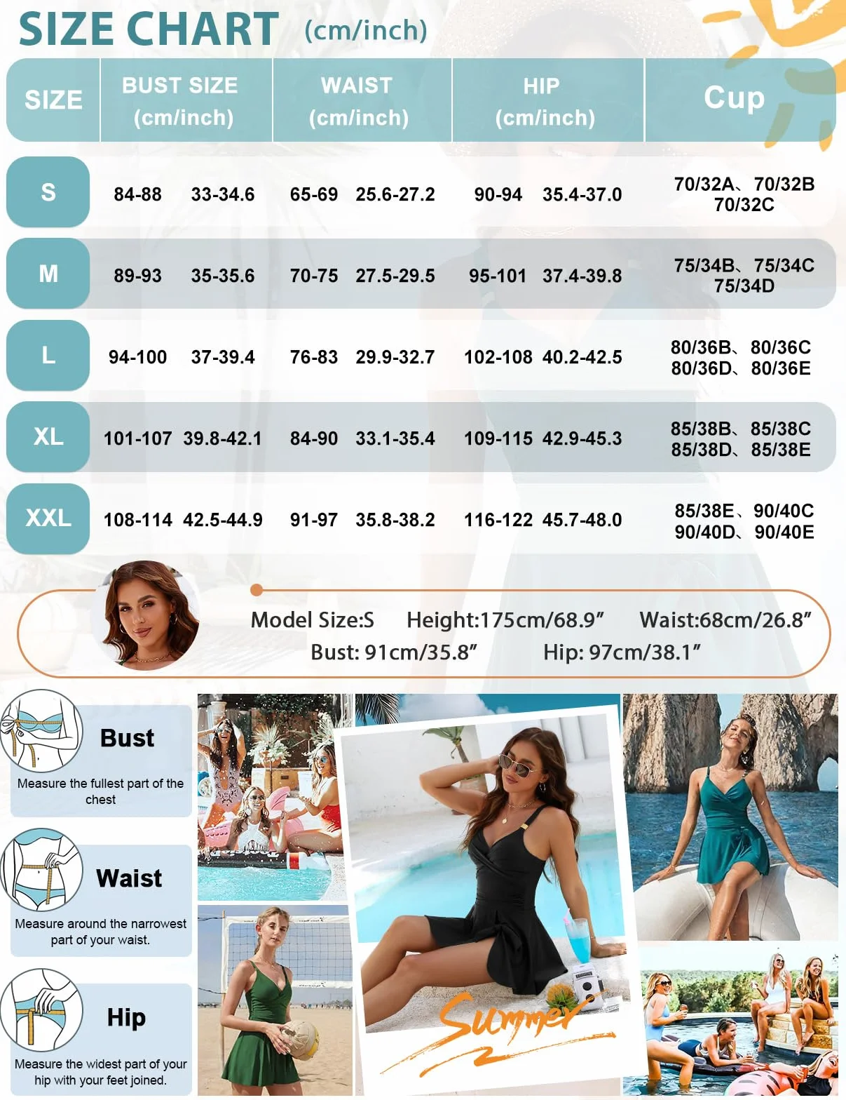 Nadeer Traje de Baño Una Pieza para Mujer Bañadores Reductor Cuello en V Push Up Swimdress Cintura Alta Vientre Plano Swimwear para Playa Piscina Vacaciones