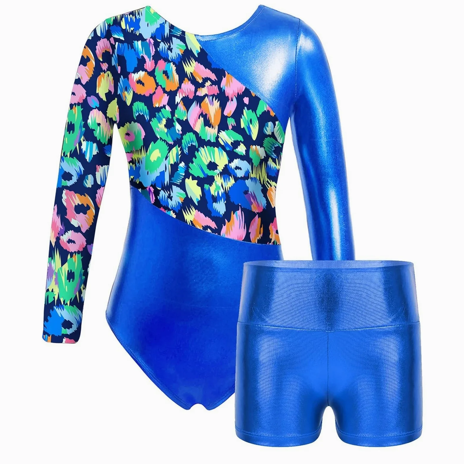 Maillot Gimnasia Ritmica Body de Leotardos de gimnasia for niñas, conjunto de baile de Ballet de manga larga bronceado, mono de entrenamiento de patinaje artístico con pantalones cortos(Blue,6)