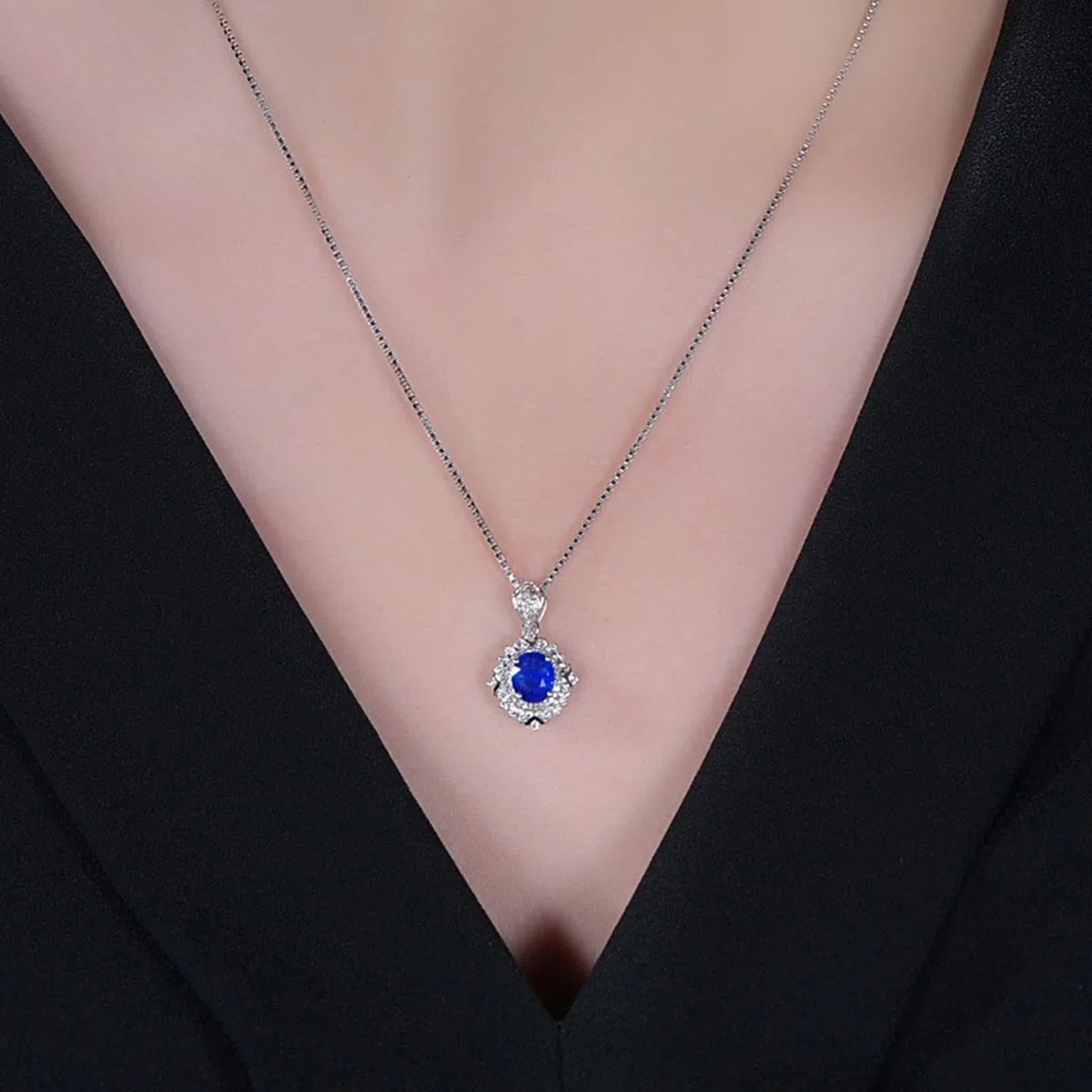 Collares de piedra natal para mujer, collares de zafiro con oro blanco de 1.07 quilates VVS2 piedra preciosa de corte ideal de 18 quilates lujoso collar de regalo para mujer, Zafiro Diamante
