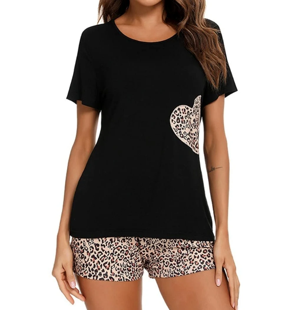 Pijama De Mujer Manga Corta,Estampado De Leopardo Corazón Cuello Redondo Pijama De Manga Corta Para Mujer Conjunto De 2 Piezas Pijama De Mujer Cómodo Y Suave Loungewear Regalo Del Día De La Madre