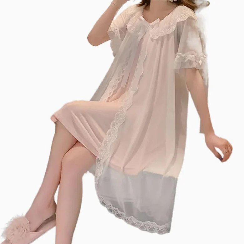 OFFSUM Camisón De Pijama De Mujer - Moda Encaje Bordado Cuello Redondo Ropa De Dormir Color Sólido Princesa Estilo Francés Tamaño Grande Lencería Casual Albornoz,Rosado,XL