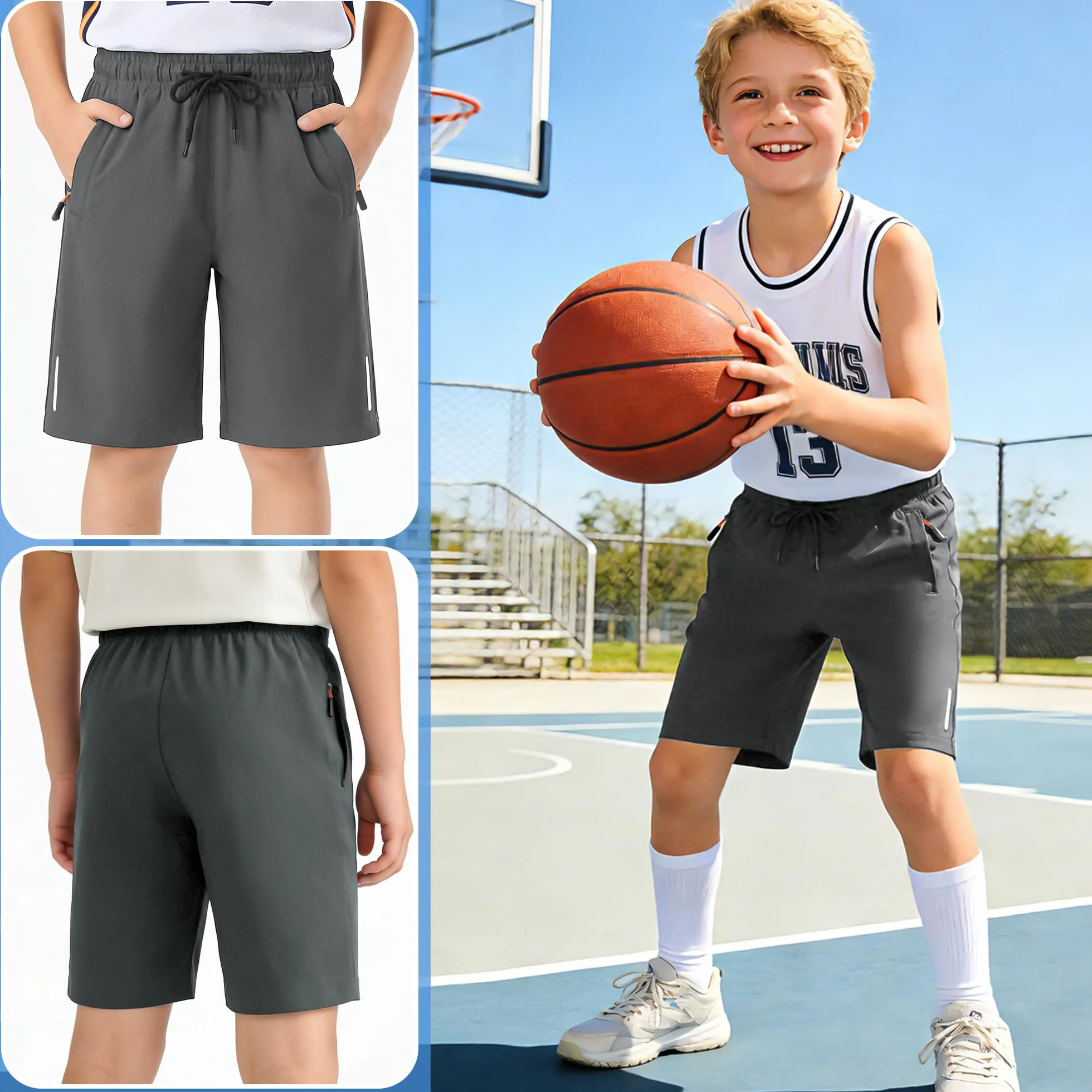 Pantalones Cortos Niños Verano Secado Rápido Ligero Deportivos Bolsillos Cremallera Cintura Elástica 5-13 Años