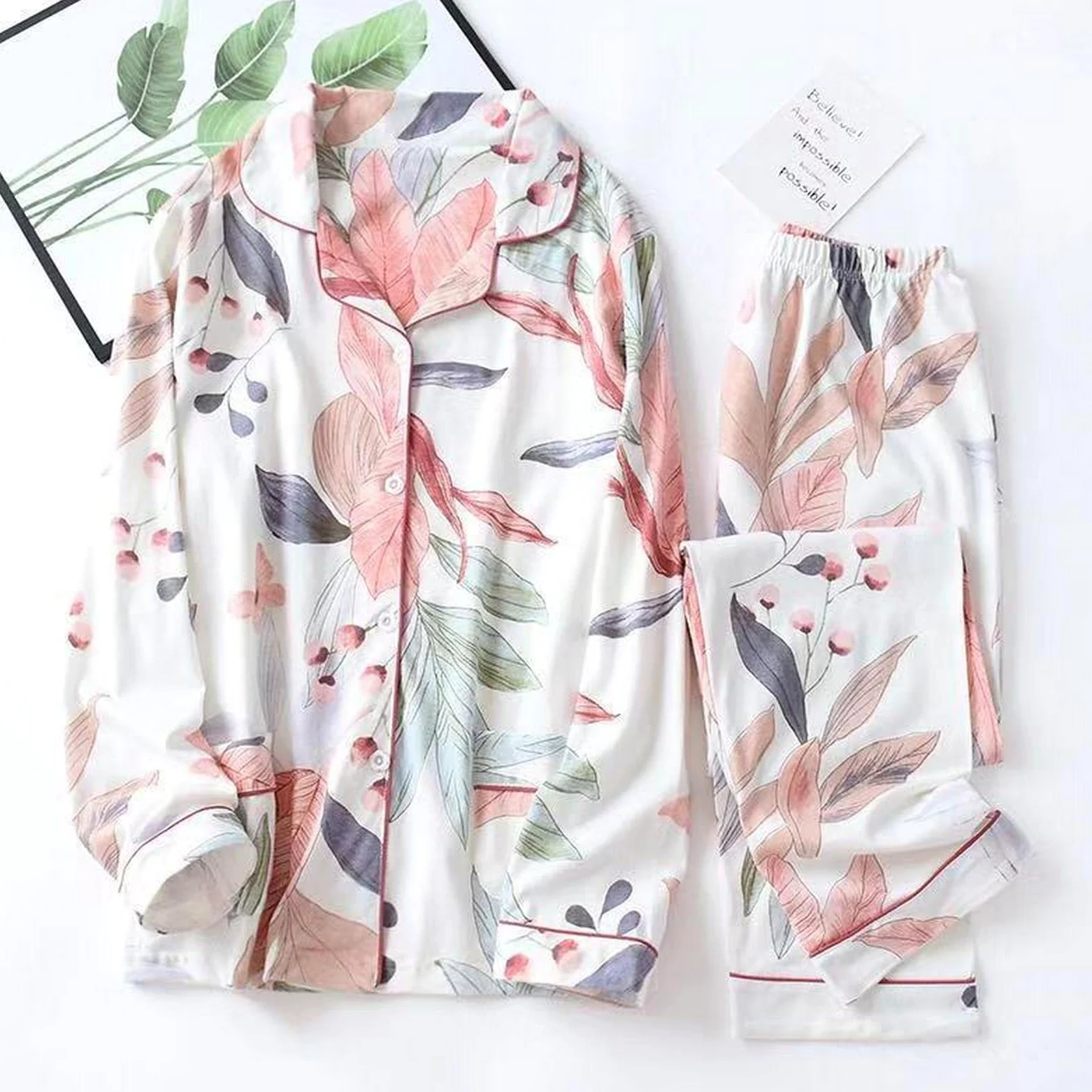 Pijama para mujer, estampado de hojas, pijama de algodón, talla grande, conjunto de dos piezas, ropa para el hogar, ropa de dormir femenina, traje de pantalón, XL