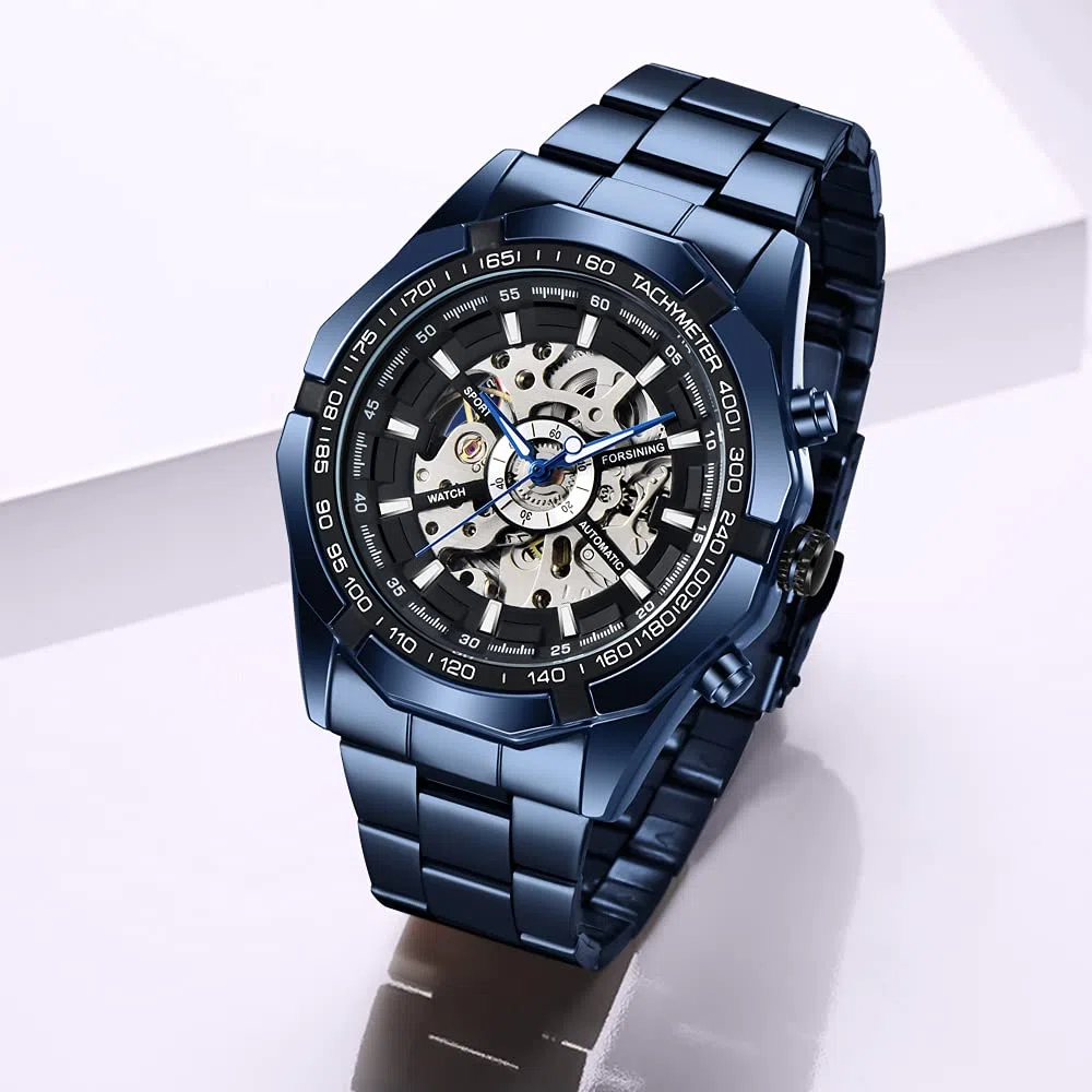 Acero inoxidable impermeable para hombre esqueleto relojes Top marca lujo transparente deporte mecánico