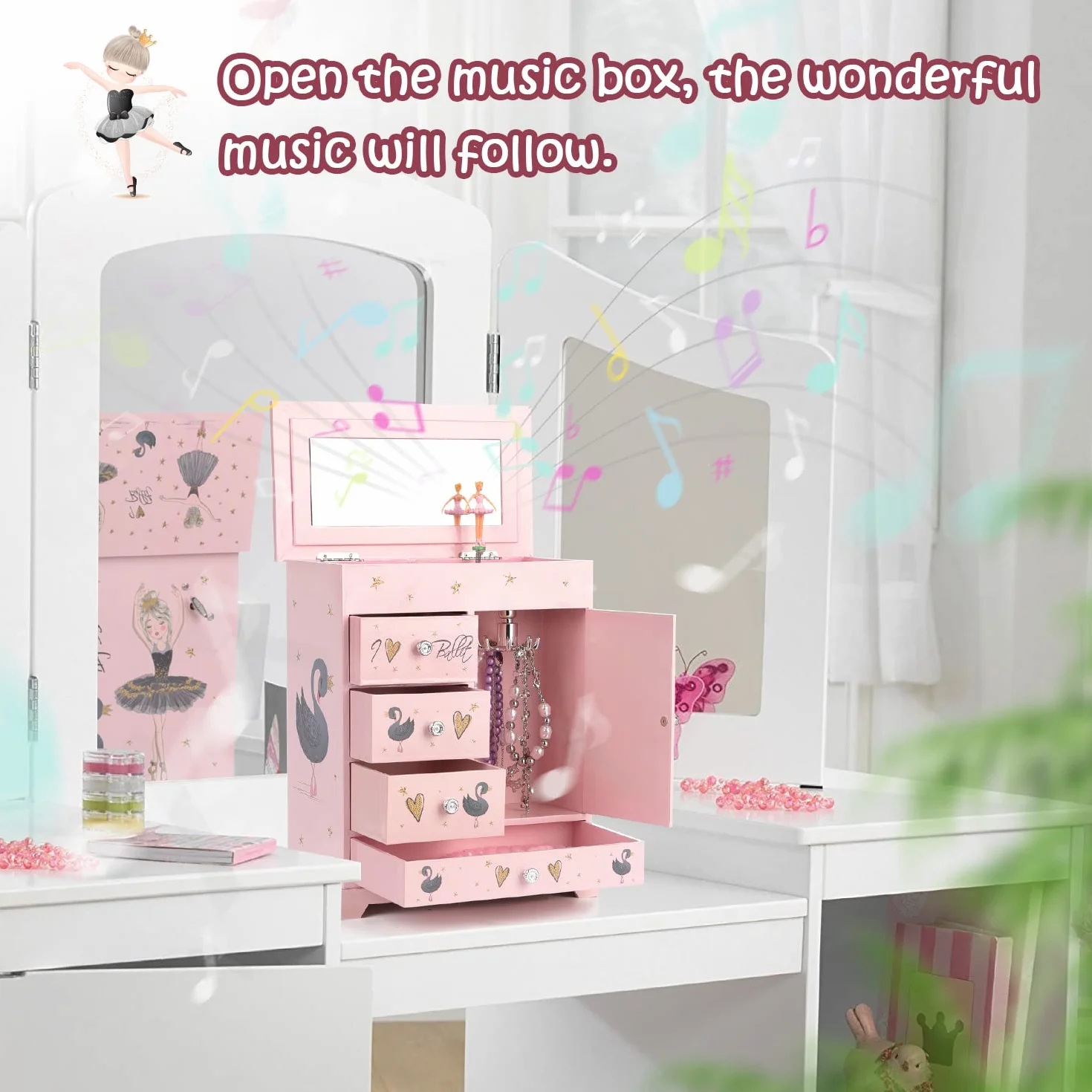 Joyero grande caja musical 5 capas puerta oscilante bailarina giratoria juego joyas unicornio organizador niñas niños