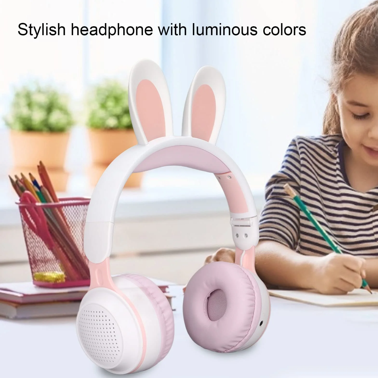 Yunseity Auriculares para Niños, Auriculares Bluetooth 5.0 con Oreja de Conejo, Auriculares Inalámbricos Plegables con Luz LED sobre la Oreja, Soporte TF/AUX, Regalos para Niños, Niños(Polvo Blanco)