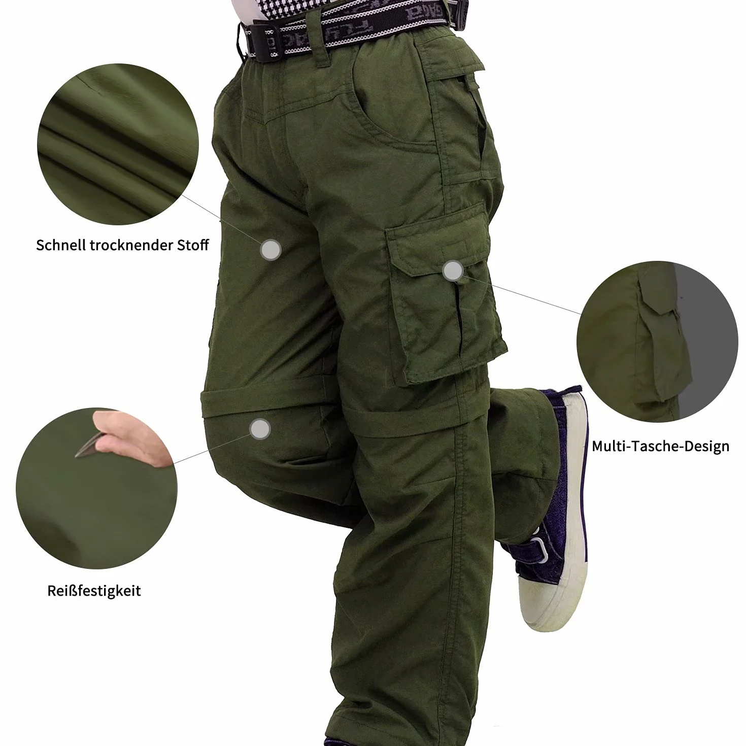 FLYGAGA Pantalones al Aire Libre para niños Senderismo con Cremallera Pantalones Cortos de Pierna Desmontables Trekking Unisex Chicas jóvenes de Verano con cinturón Transpirable de Secado rápido