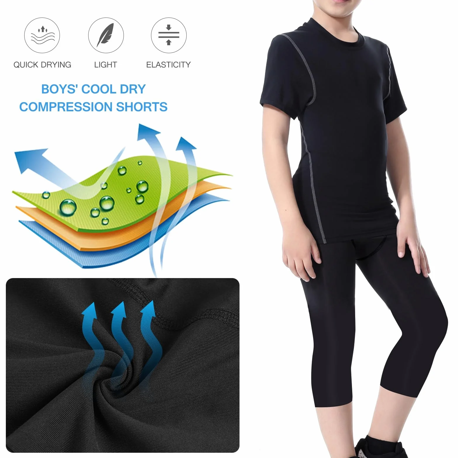 Pantalones de Compresión para Niños 2 Pack, Mallas 3/4 para Baloncesto y Fútbol, Capa Base Atlética, Secado Rápido 6-14 Años