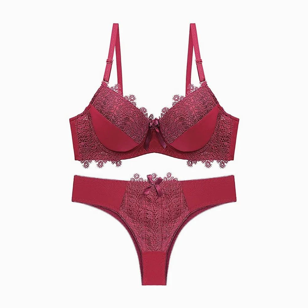YZCIS Conjunto de Sujetador y Tanga de Ropa Interior de Encaje Push up para Mujer Conjunto de Sujetador y Bragas para Mujer Borgoña
