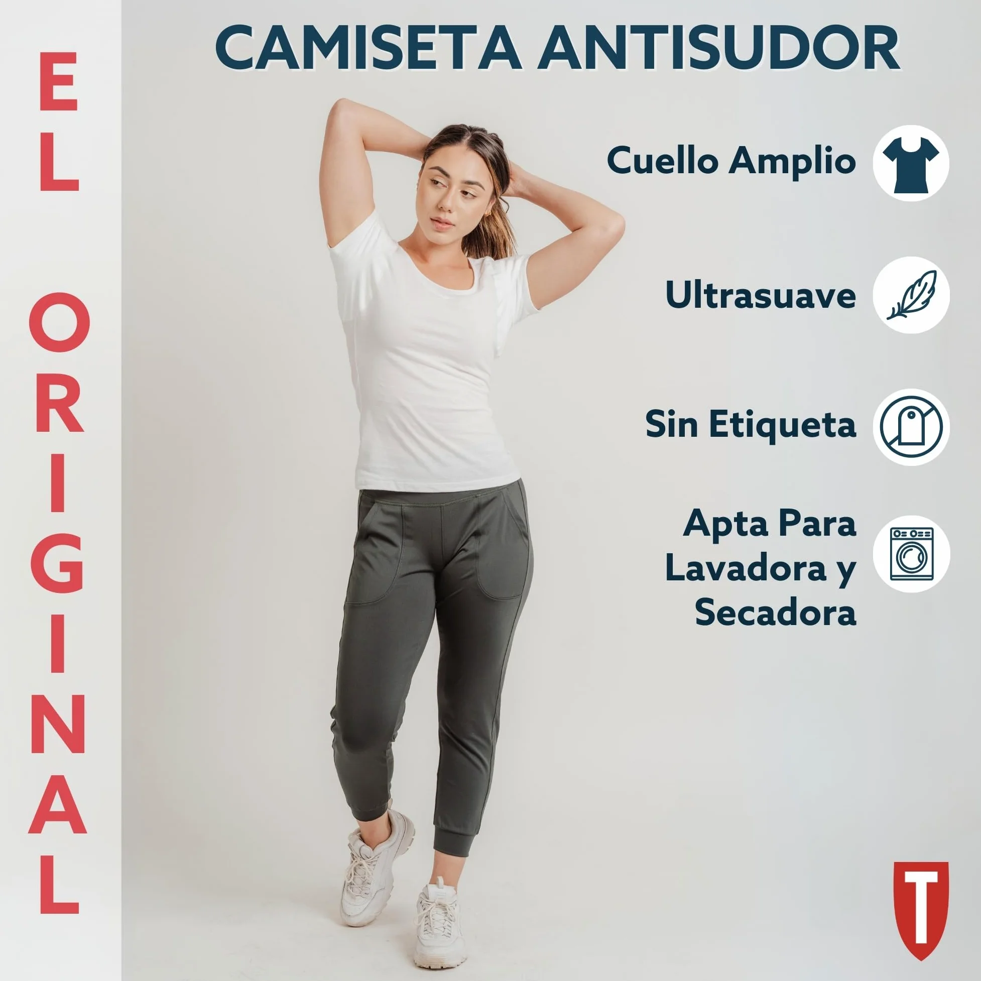 Thompson tee - Camiseta Interior antisudor para Mujer - con Refuerzo Antimicrobiano en Las Axilas - Corte Regular - Cuello Ovalado