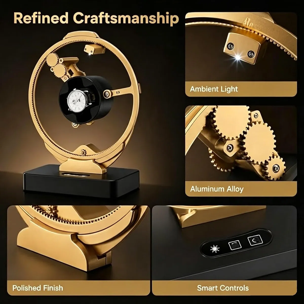 Enrollador automático de Relojes para un Reloj, antimagnético, con Ajuste de Hora Regulable | Soporte Giratorio de Aluminio CNC con Motor silencioso