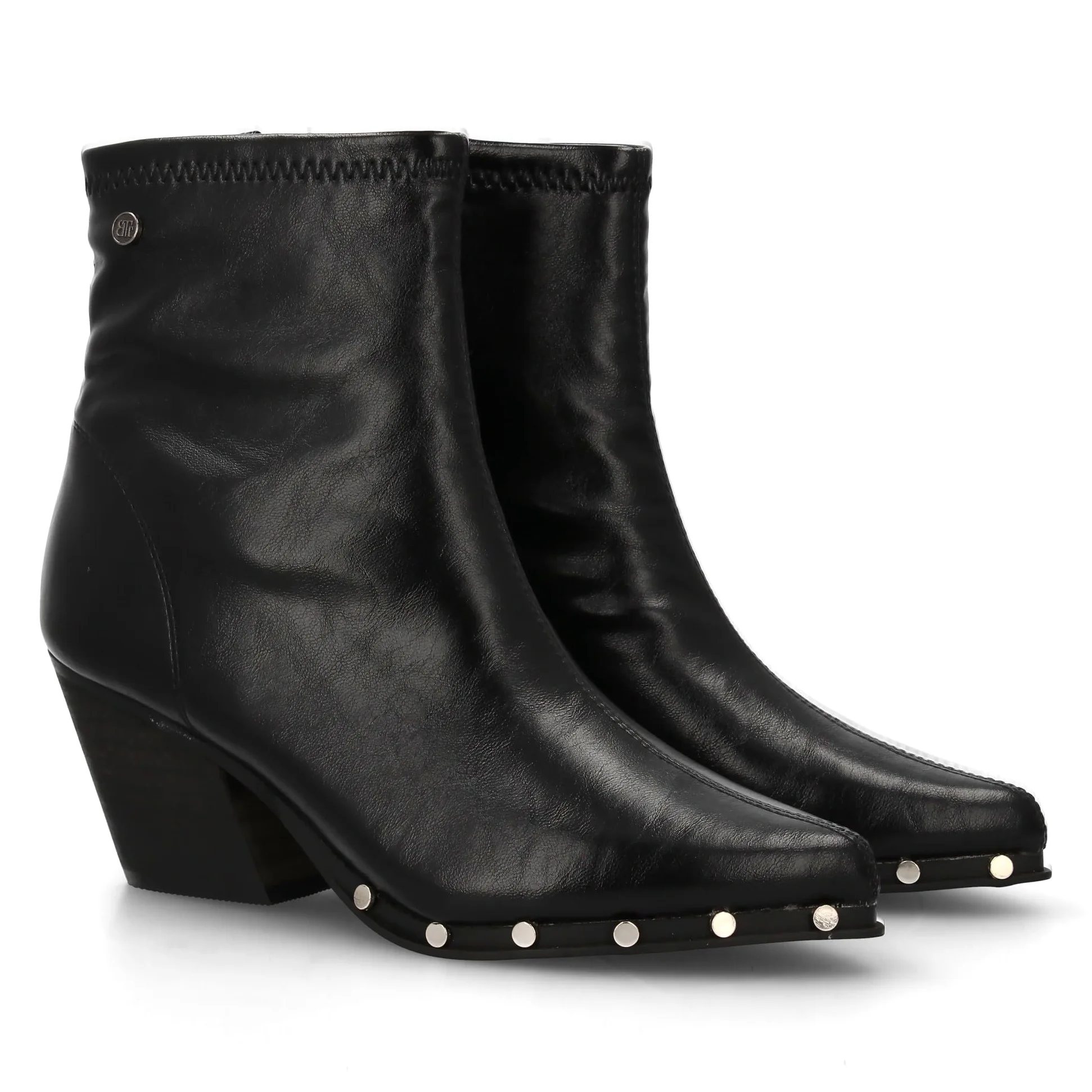 Botin de Mujer con Tacon Cubano, Detalles de Tachuelas, Estilo Moderno Acabado en Pico, Estampado Liso, Cierre Lateral de Cremallera, Ideal Otono Invierno.