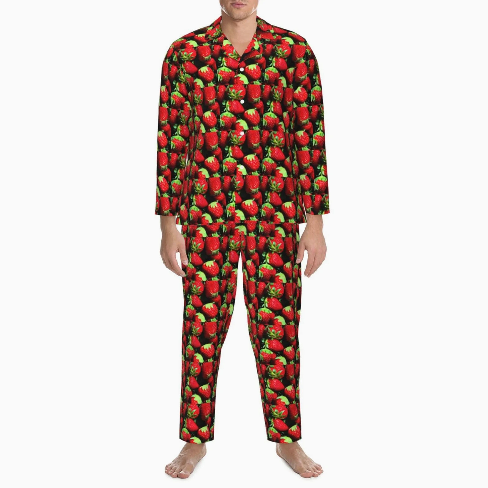 Conjunto de pijama de manga larga para hombre con estampado de fresas, transpirable, acogedor, ropa de dormir para el hogar