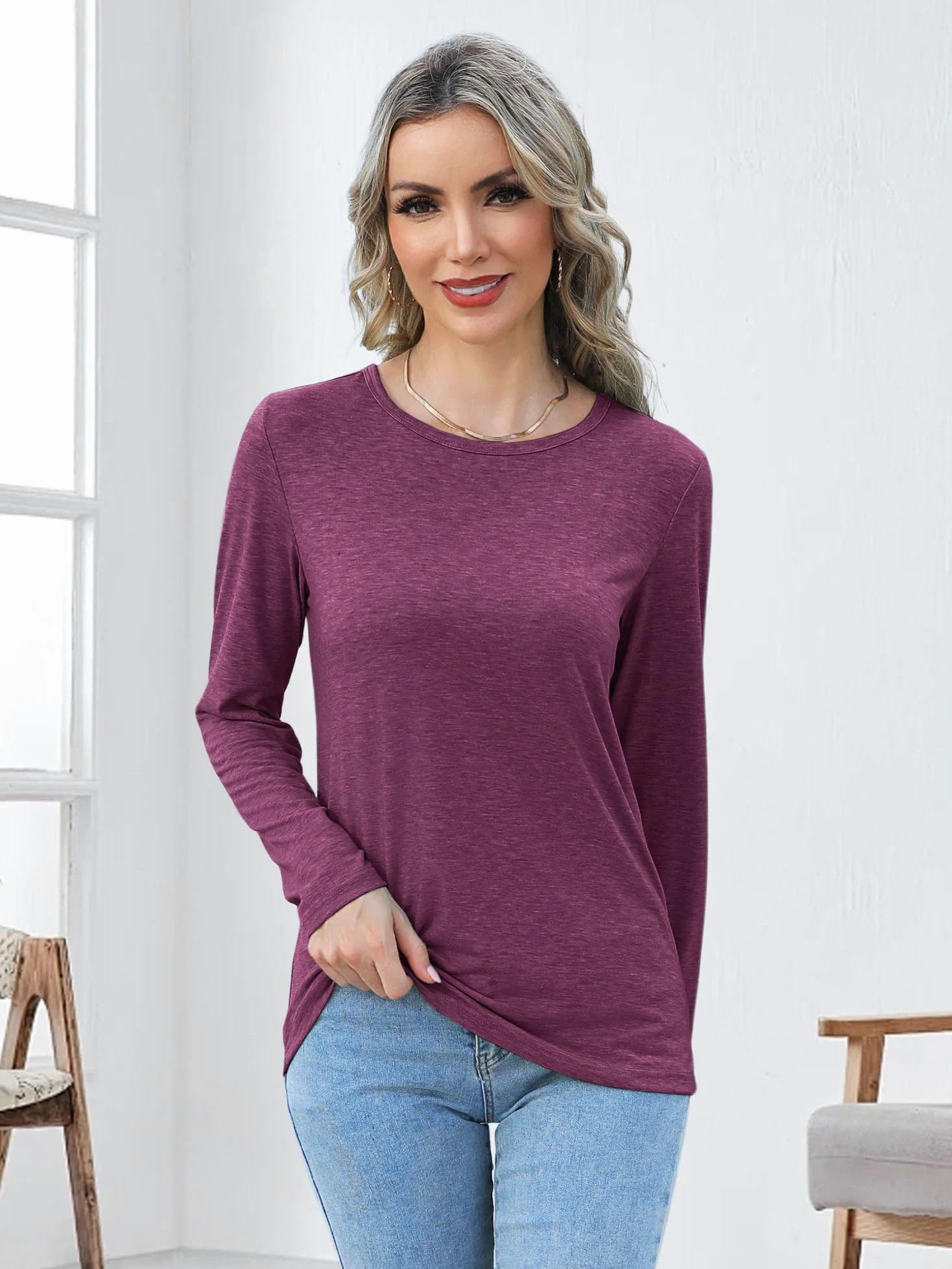 Camisetas de manga larga para mujer, con cuello redondo, básicas, camisetas casuales de primavera