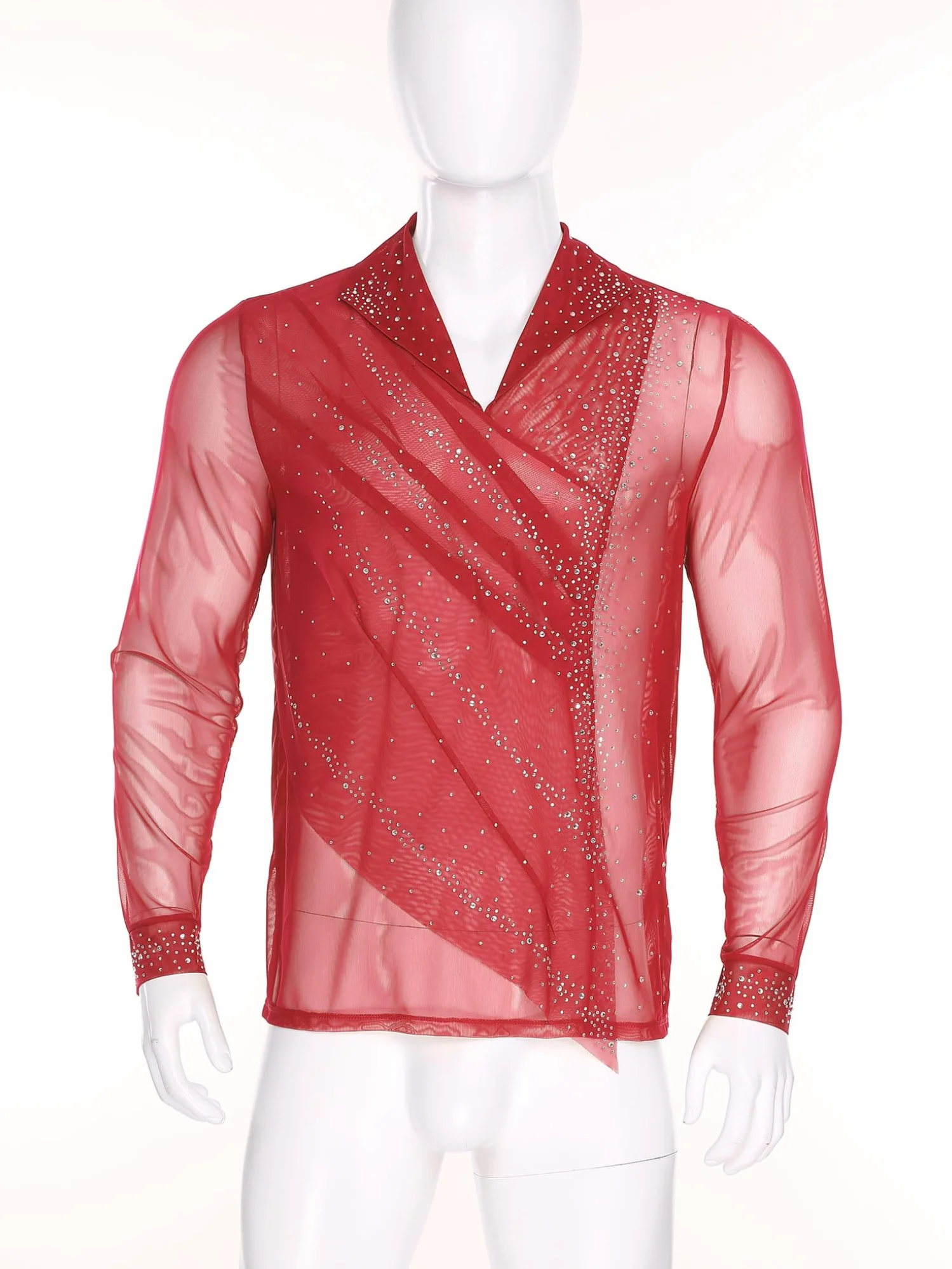 Camisa Baile de Salón para Hombre Leotardo Baile Latino Patinaje Artístico Competición Rojo S-XXL