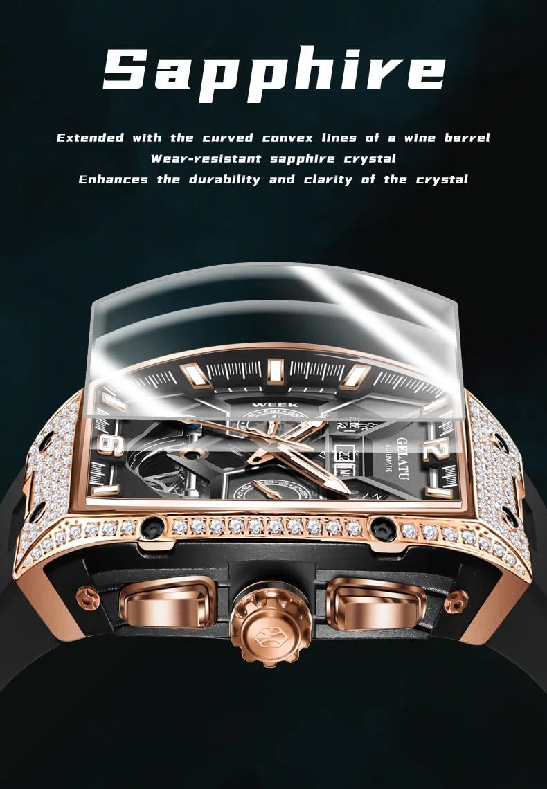 Reloj automático para hombre, diseño de esqueleto mecánico, cristal de zafiro impermeable