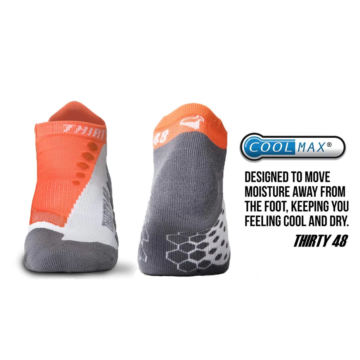 Calcetines para correr de Thirty48, Ru Series – 3-Unidades - Naranja/Gris – Unisex – Múltiple acolchado para protección extra – CatalystAF™ Diseño, Incrementa Airflow – COOLMAX® Material resistente, Mantiene tus pies frescos y secos – Empaquetado USA