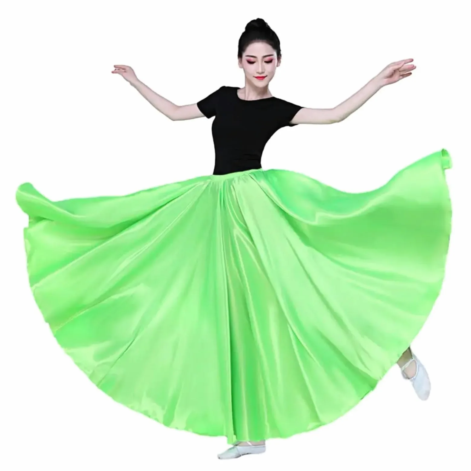 Falda de Rendimiento for Mujer, Falda Plisada con Dobladillo súper Grande, Falda de satén for Danza del Vientre, Falda española Larga, Faldas for Baile Swing(Light Green)