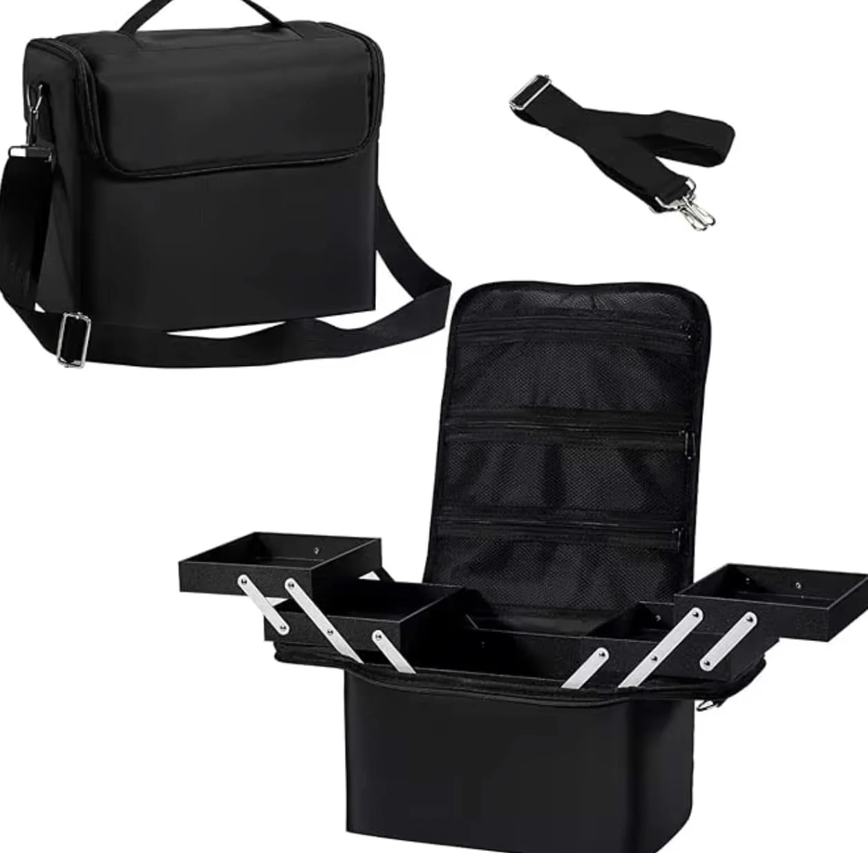 Maleta de Maquillaje Profesional, Maletín Cosmético Negro con Bandeja Expandible y Compartimentos Desplegables, Estuche Portátil 28x27x20 cm