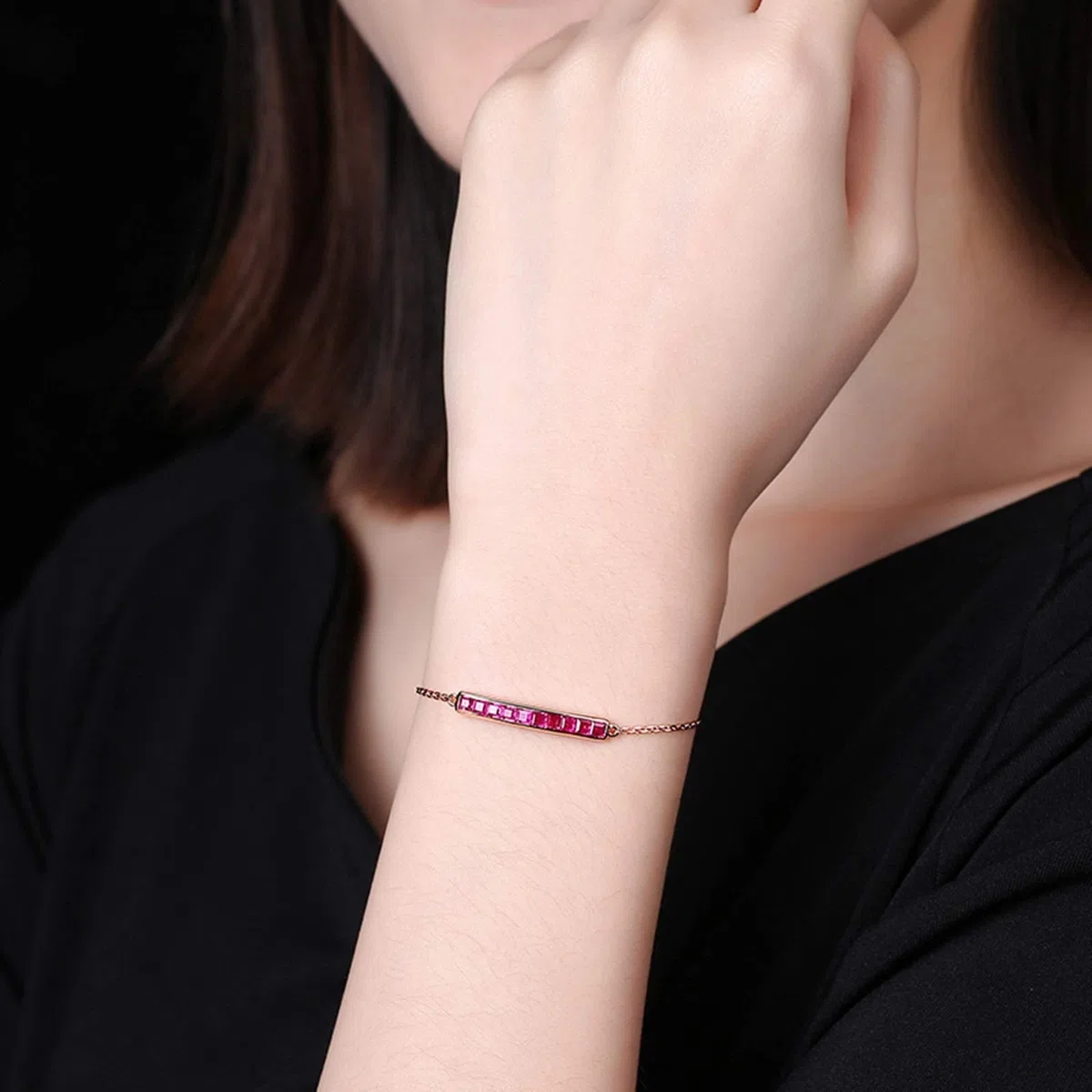 ZH1YFD Pulsera Mujer Oro Rosa 18 K, Barra con Rubí 1.46ct Pulseras Cadena Mujer 16+2CM