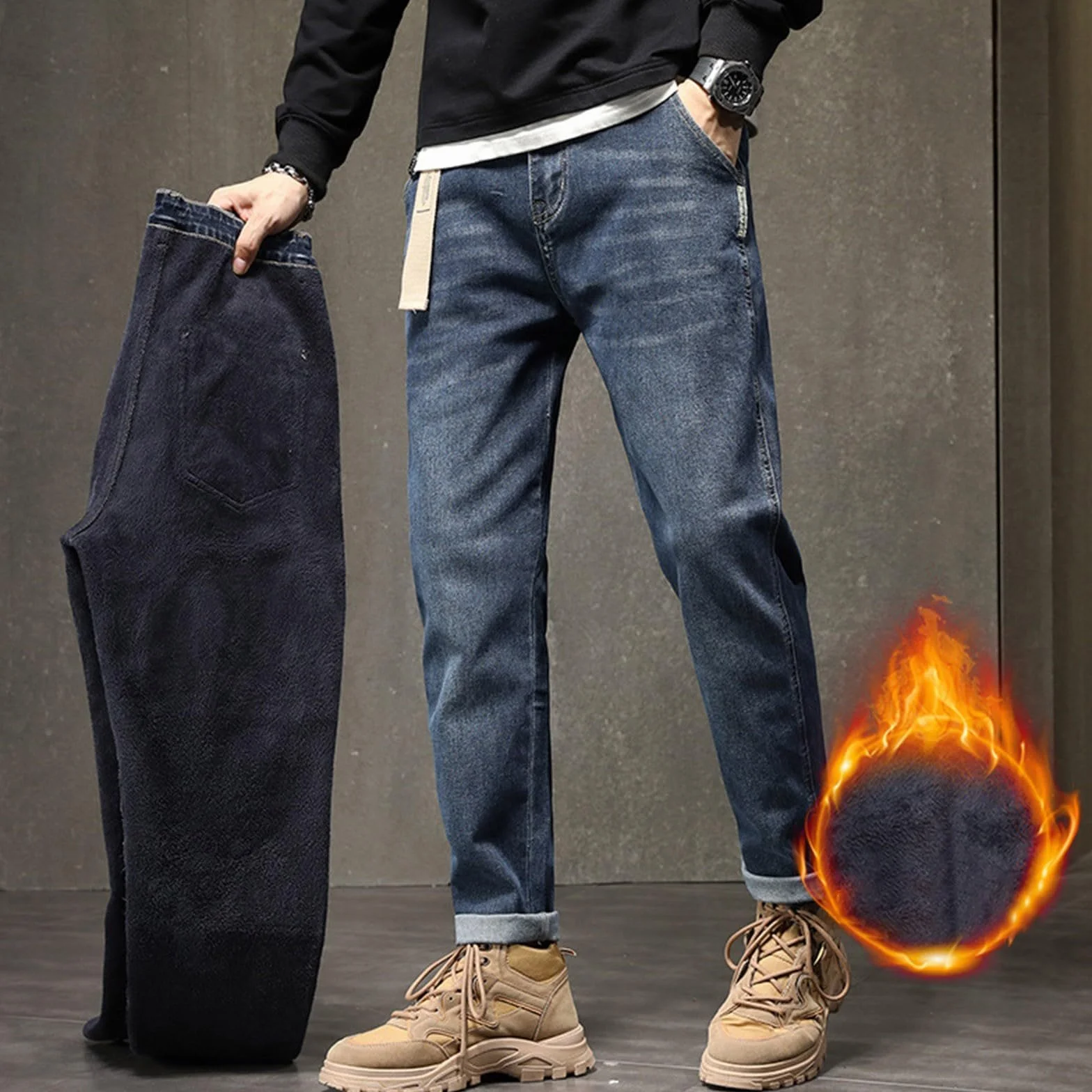 Pantalones térmicos para Hombre, Pantalones Nieve, Forro Polar Peluche, Pantalones Invierno con Forro cálido, Pantalones Vaqueros térmicos Felpa Pierna Recta