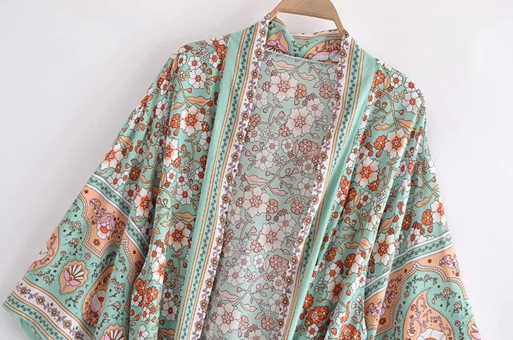 Disimlarl Mujeres Batwing Mangas Cinturón Estampado Floral Bohemio Kimono Traje De Bata Traje De Bata Bikini Cover-Ups