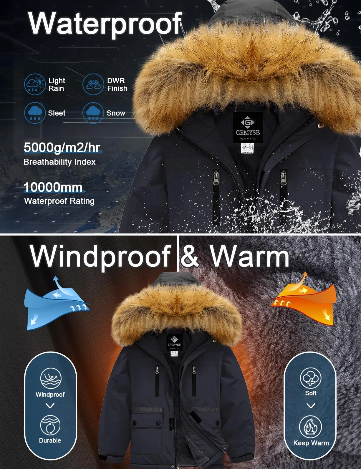 GEMYSE Chaqueta de Esquí para Niño con Capucha de Piel Desmontable Abrigo Impermeablede de Nieve Invierno Cazadora Antiviento