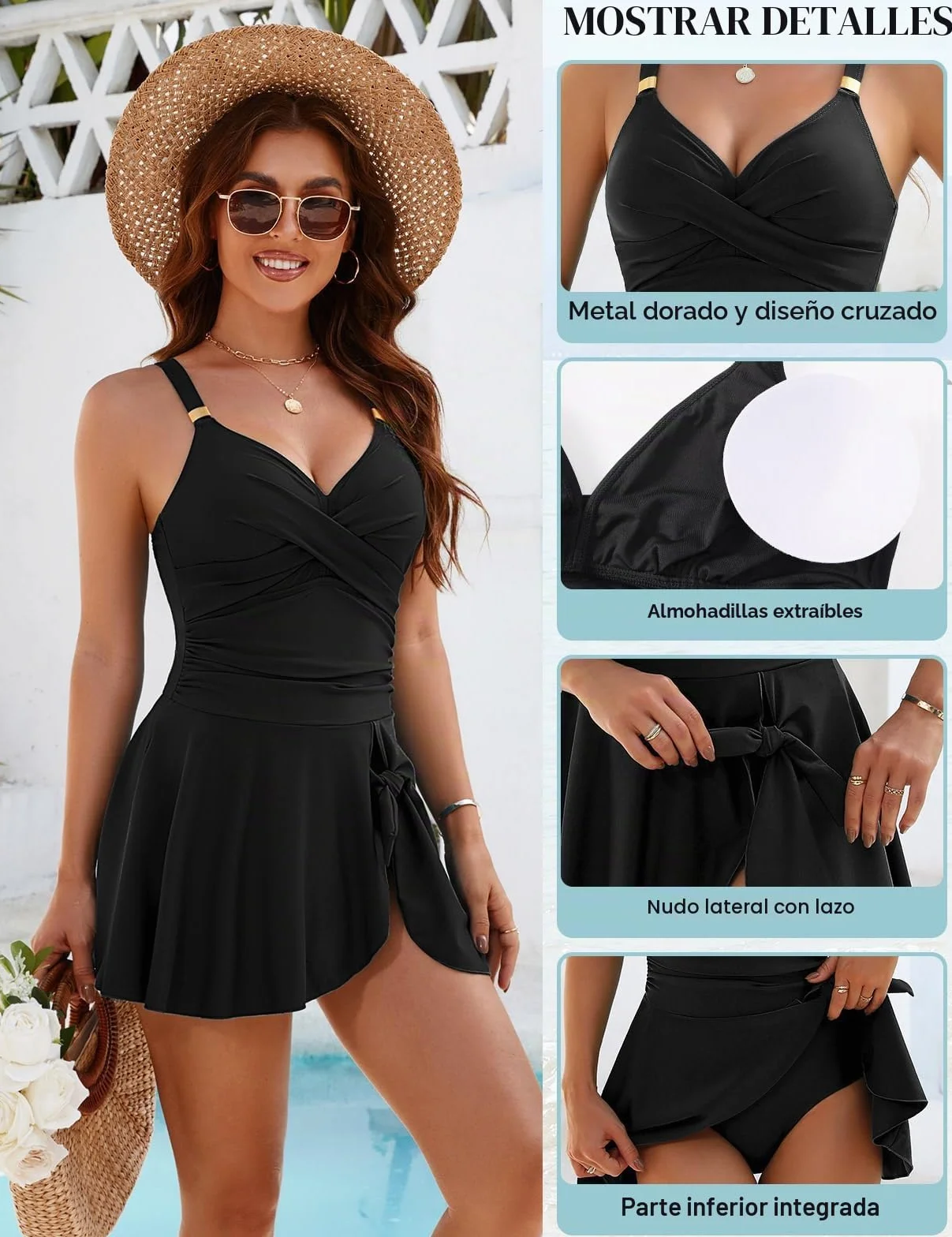 Nadeer Traje de Baño Una Pieza para Mujer Bañadores Reductor Cuello en V Push Up Swimdress Cintura Alta Vientre Plano Swimwear para Playa Piscina Vacaciones