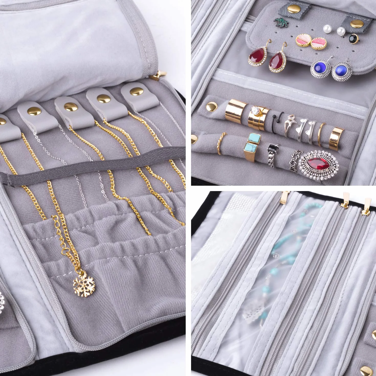 Teamoy Roll para Joyería Organizador de Joyas Estuche de Viaje para Collares, Pendientes, Pulseras, broches, 3 Carpetas, Varios departamentos