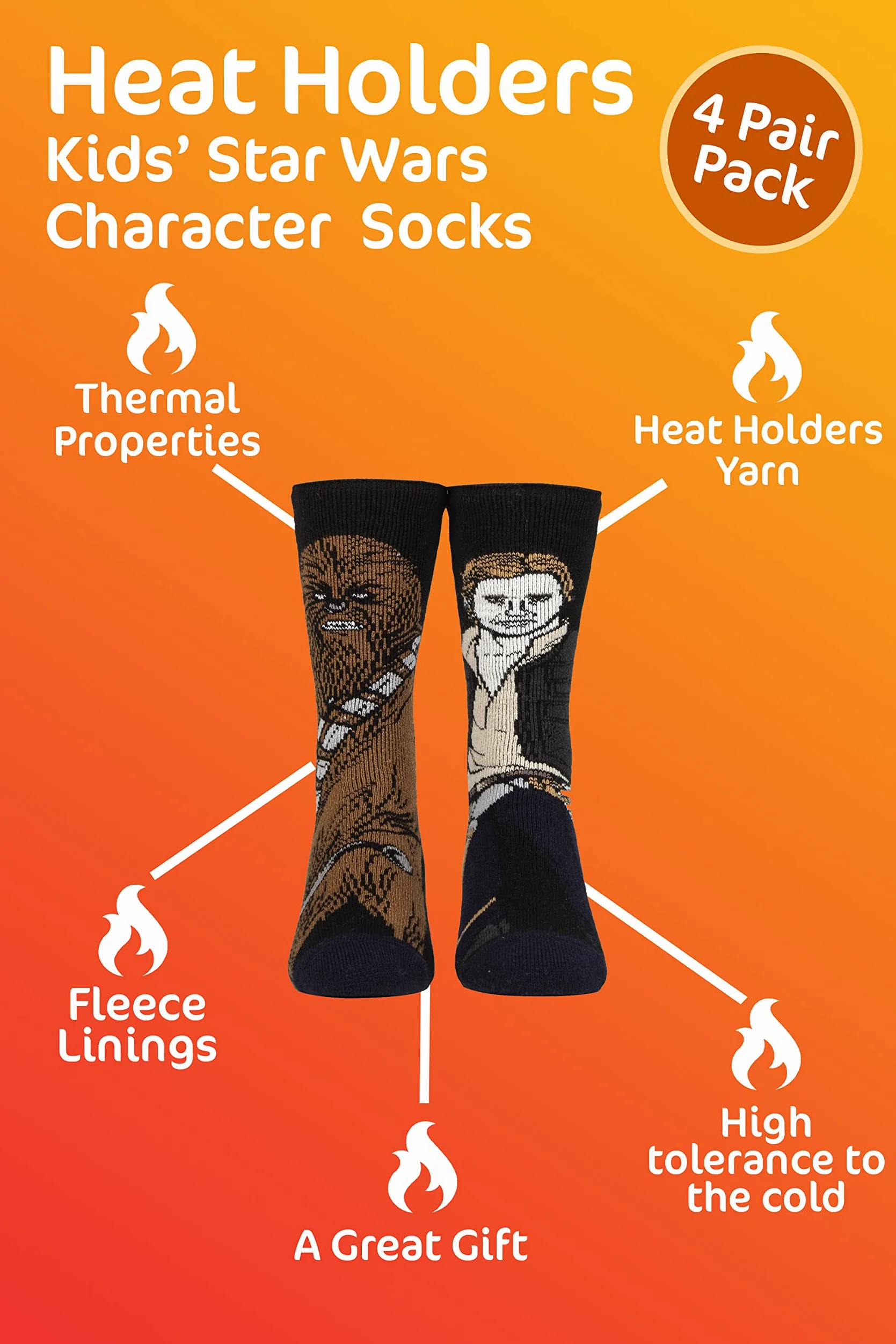 HEAT HOLDERS - Pack De 4 Pares De Calcetines Térmicos Star Wars Para Niños, Gruesos Y Cálidos