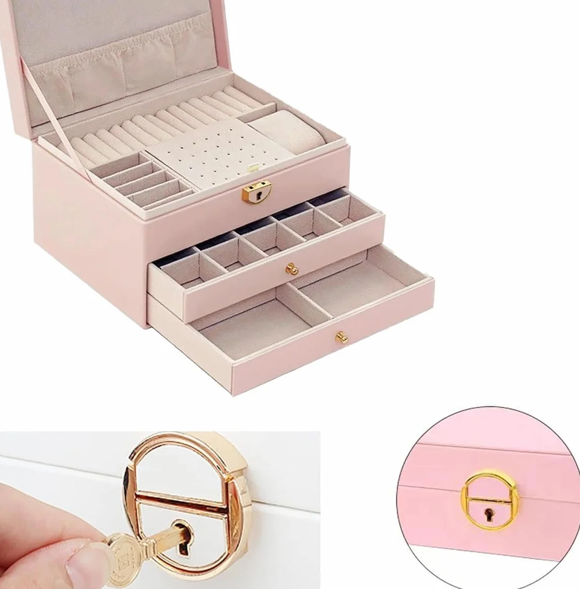 Joyero de 3 niveles, apilable, 2 cajones, caja de almacenamiento con compartimentos, con cerradura y llave, para pendientes, anillos, pulseras, collares (rosa)