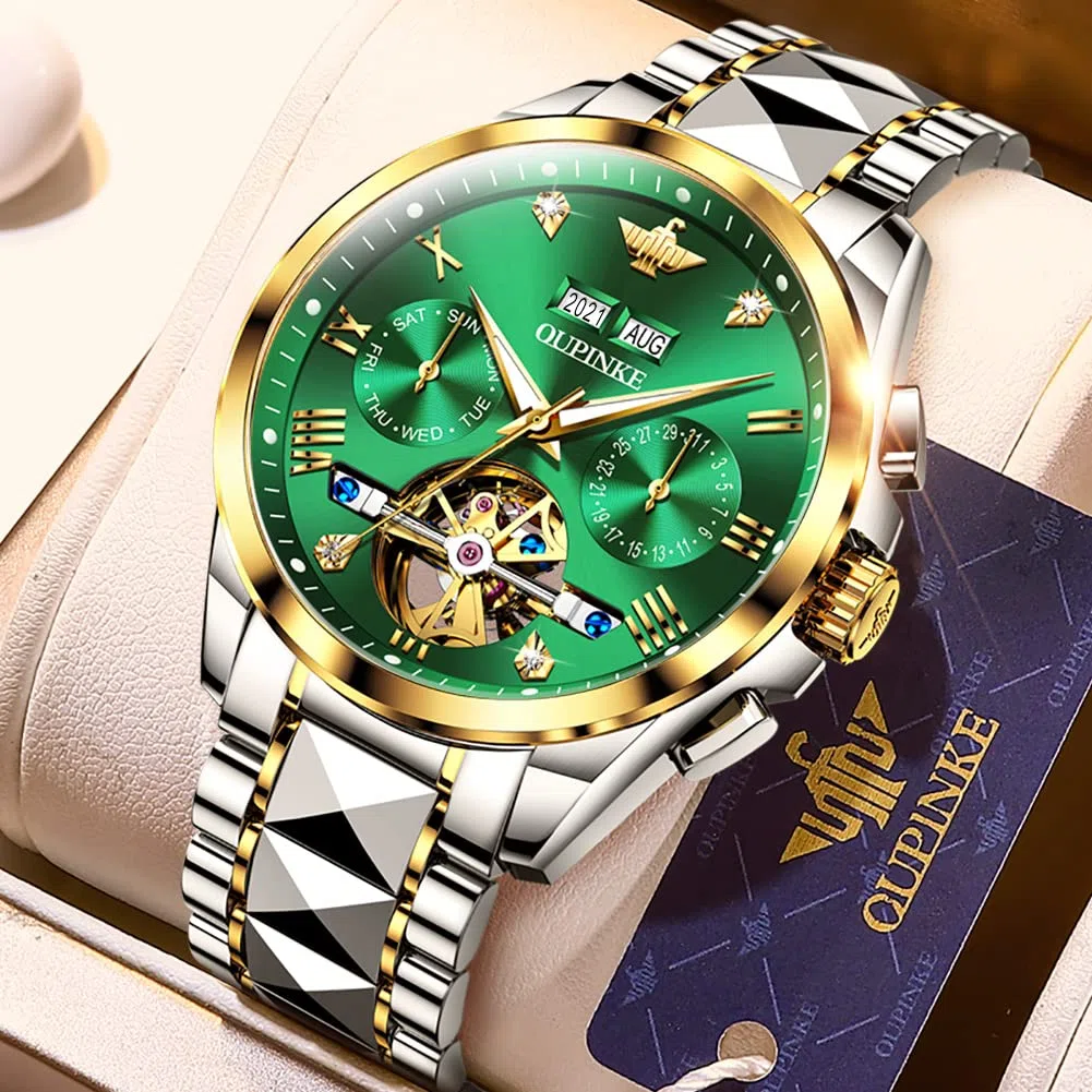 OUPINKE - Relojes para hombre, diseño de esqueleto, automático, mecánico, premium, con calendario, cristal de zafiro, acero de tungsteno, resistente al agua, reloj de pulsera, Verde
