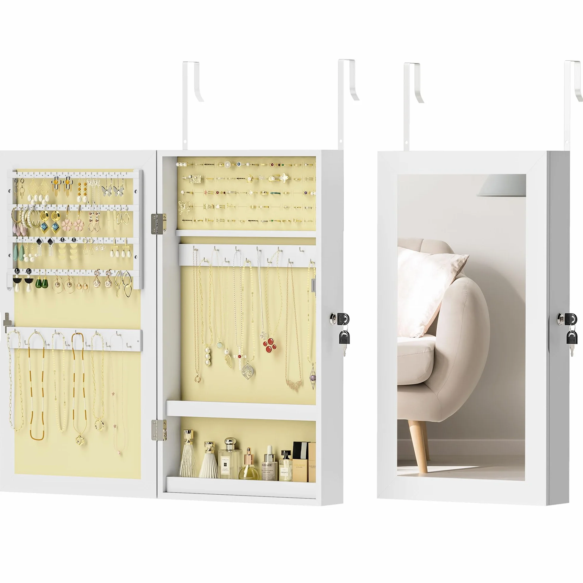 HOMCOM Espejo Joyero de Pared Armario para Joyas con Cerradura y Varios Compartimentos Montar en Pared o Puerta para Pendiente Collar Anillo Pulsera Blanco y Forro Crema