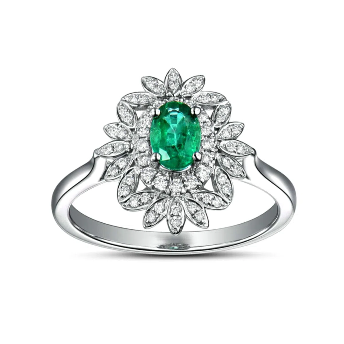 Anillo de compromiso para mujer de platino, anillos de promesa de boda, flores con esmeralda ovalada de 0,5 quilates y moissanita de 0,26 quilates, tamaño H 1/2-V 1/2