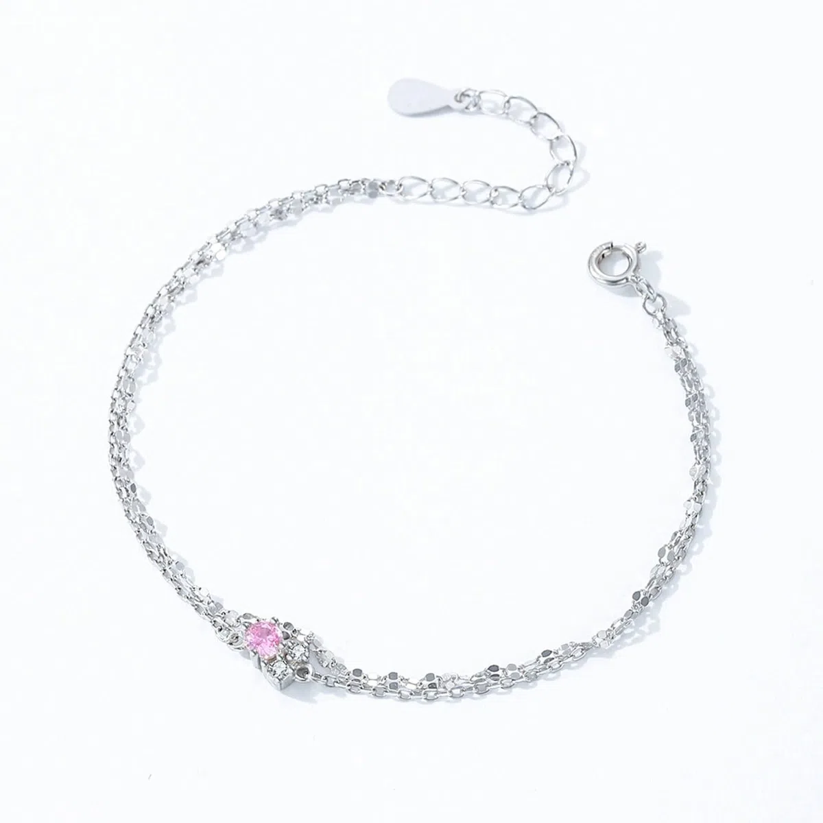 Pulsera vintage, pulsera de promesa de cadena de doble capa con zafiro rosa creado y moissanita