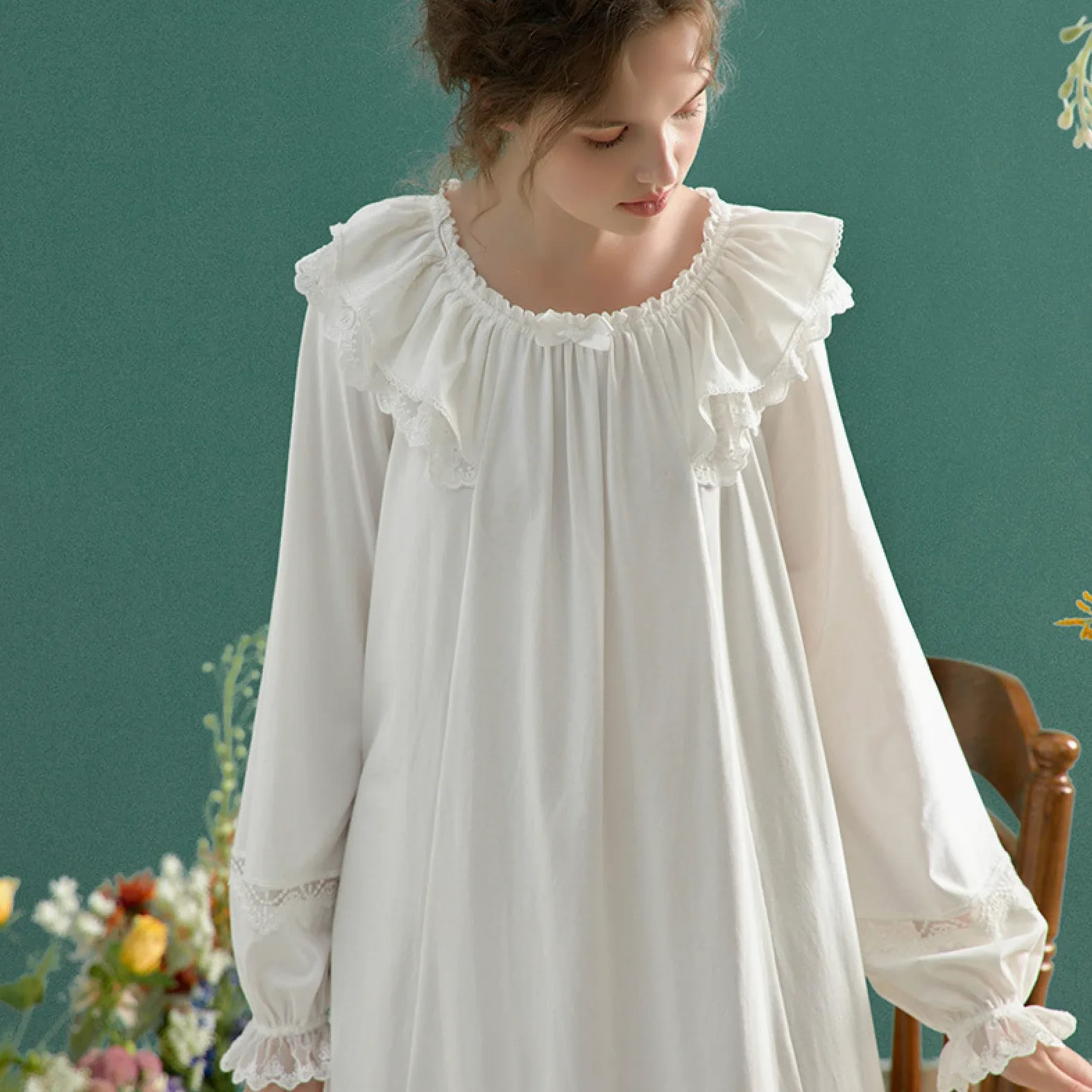 OFFSUM Camisón De Pijama De Mujer - Primavera Otoño Dulce Princesa Algodón Cuello Redondo Bowknot Cómodo Camisón Elegante Casual Ropa De Dormir Vestido Ropa