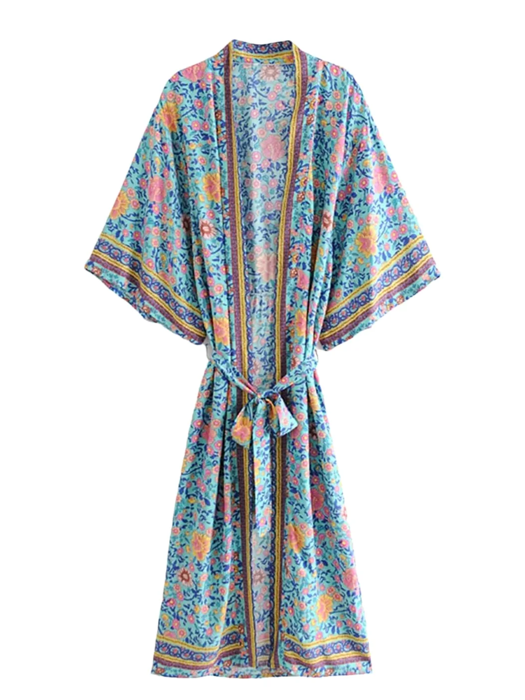 Disimlarl Bata kimono bohemio con estampado floral para mujer, manga de murciélago, para playa, fajas de rayón, verano, bikini, para ropa de playa