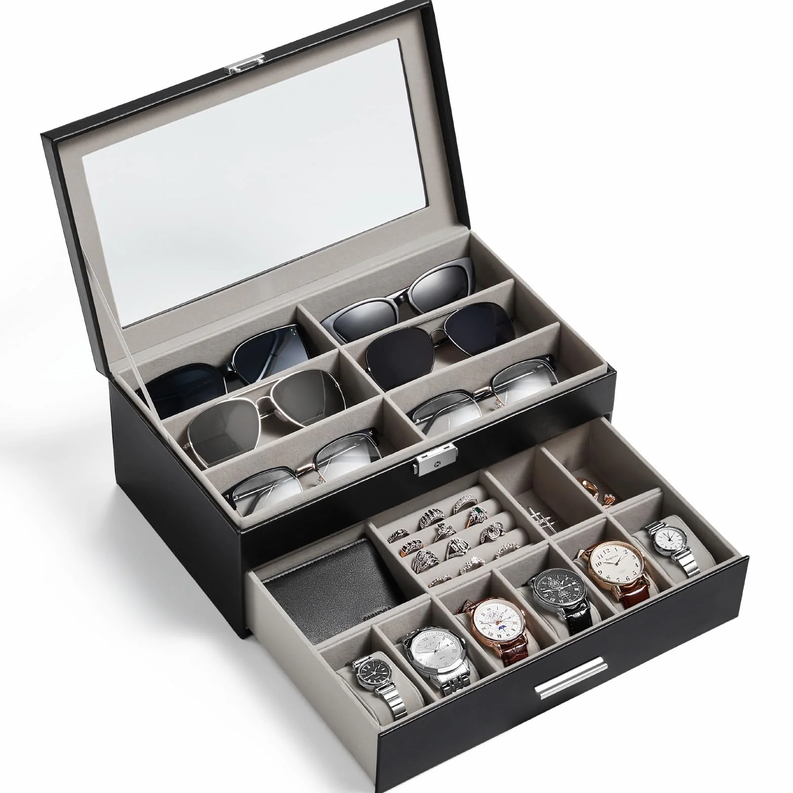 Lifewit Organizador Gafas de Sol, Expositor Gafas, Caja Relojes con Tapa de Cristal, Joyero Hombres para Llaves, Tarjeteros, Anillos, Broches, Regalos Hombre y Mujer, 35 x 21cm, Negro