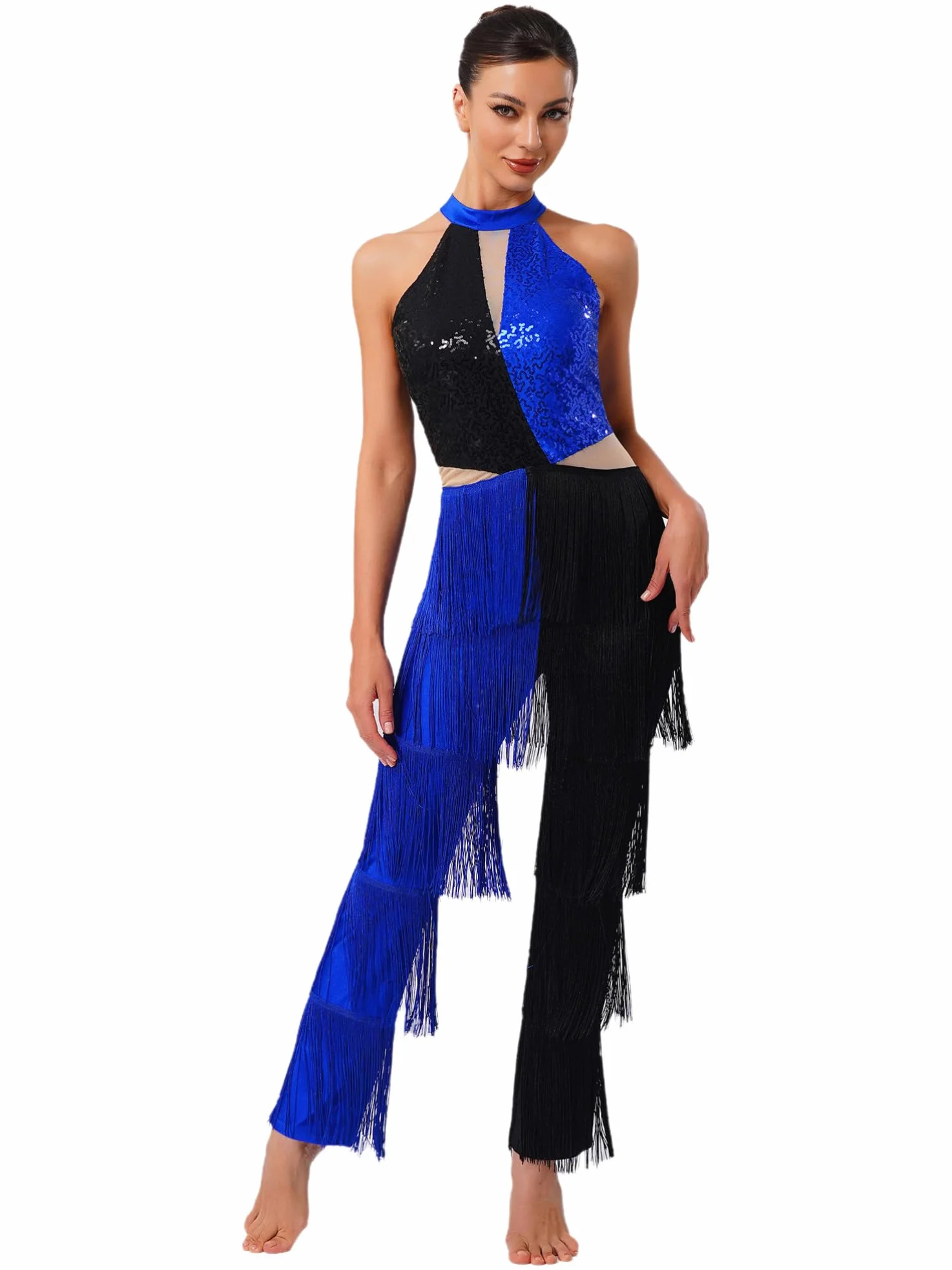 Mono Lentejuelas Baile Latino Jazz Con Flecos Mujer Mameluco Hippie Sin Mangas Disfraz Discoteca