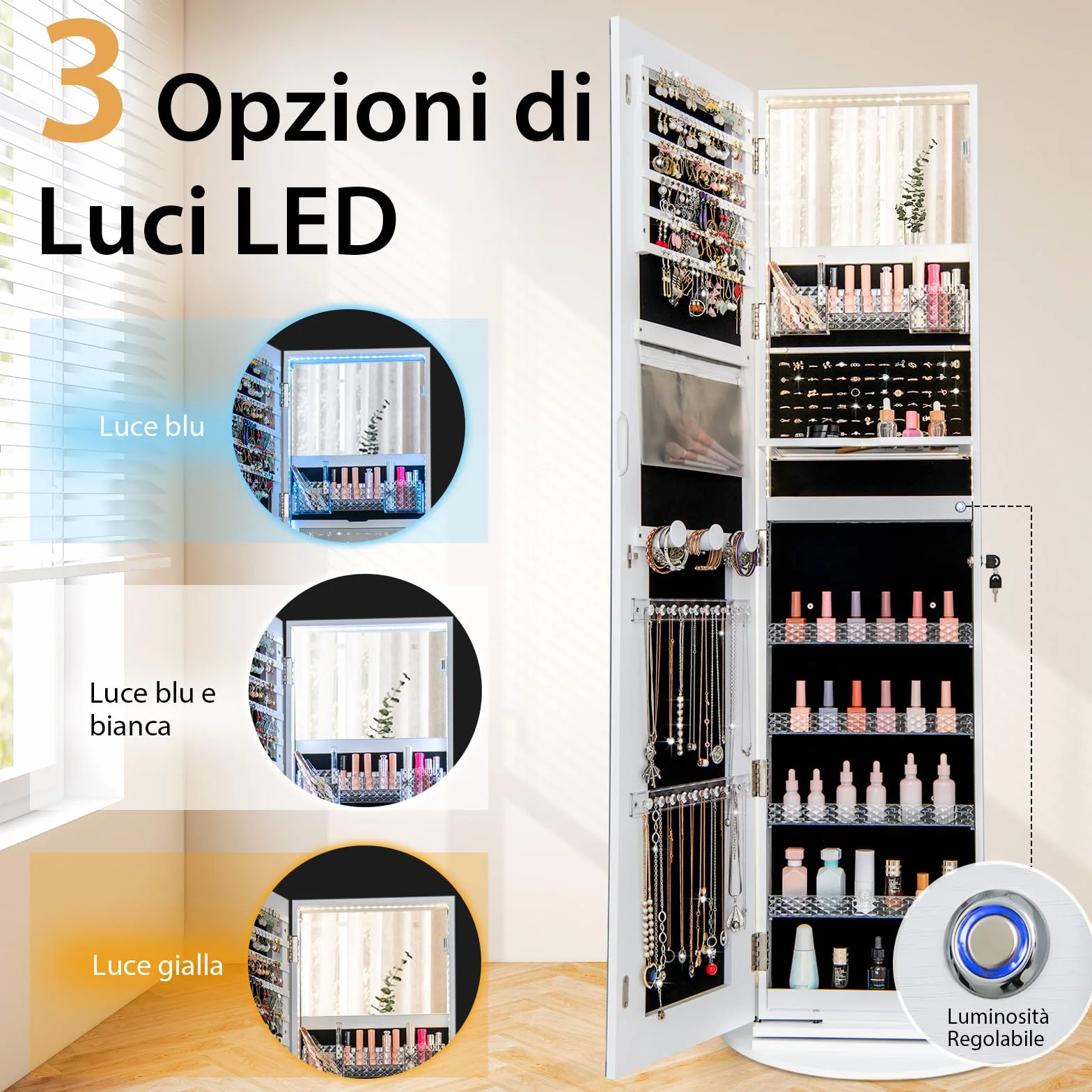RELAX4LIFE Armario Joyero con Base Giratoria 360°y Espejo Cuerpo Entero, Espejo Joyero de Pie con Luces LED Luminosas, Organizador para Joyas y Accesorios (Blanco, 54,5x54,5x160 cm)