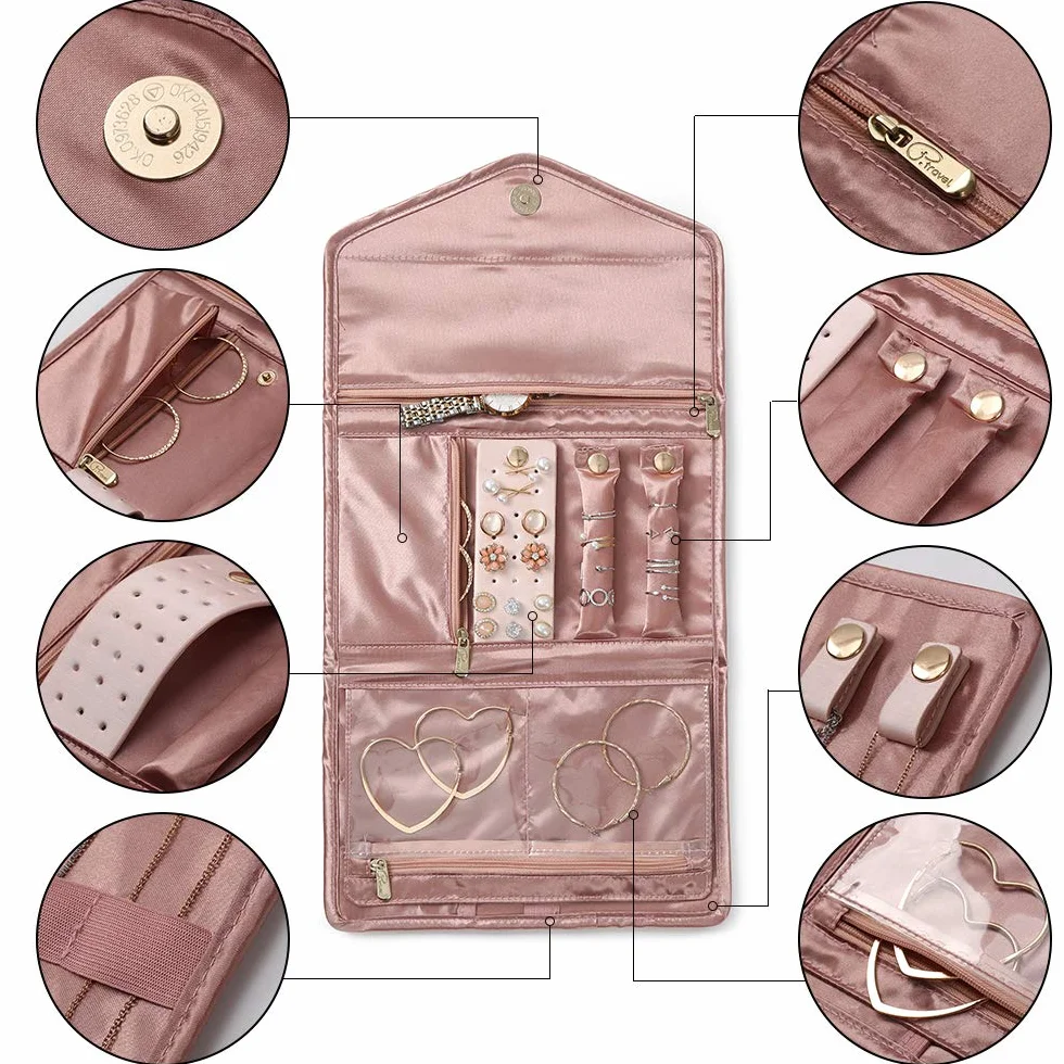 Bolsa de Rollo de Joyería, Organizador de Joyas Terciopelo Estuche Joyas Bolsas Viaje para Collares, Pulseras, Pendientes, Anillos, Relojes - Rosa …