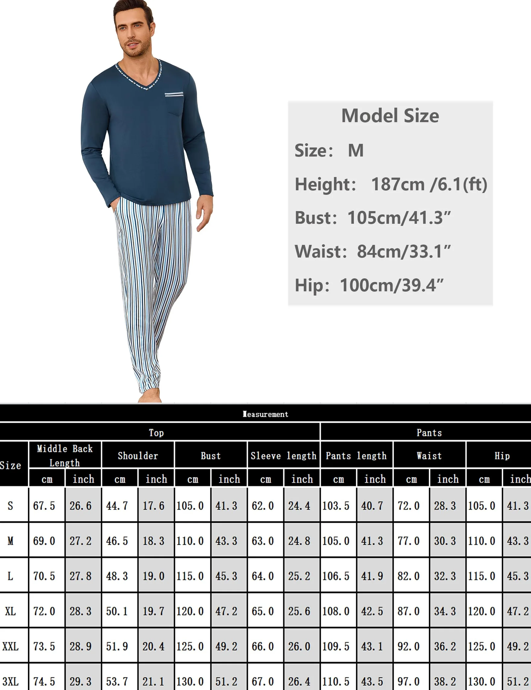 Demegimi Pijamas para Hombre Invierno de Manga Larga Algodón Conjunto de Cuello Redondo Ropa de Dormir 2 Pieza