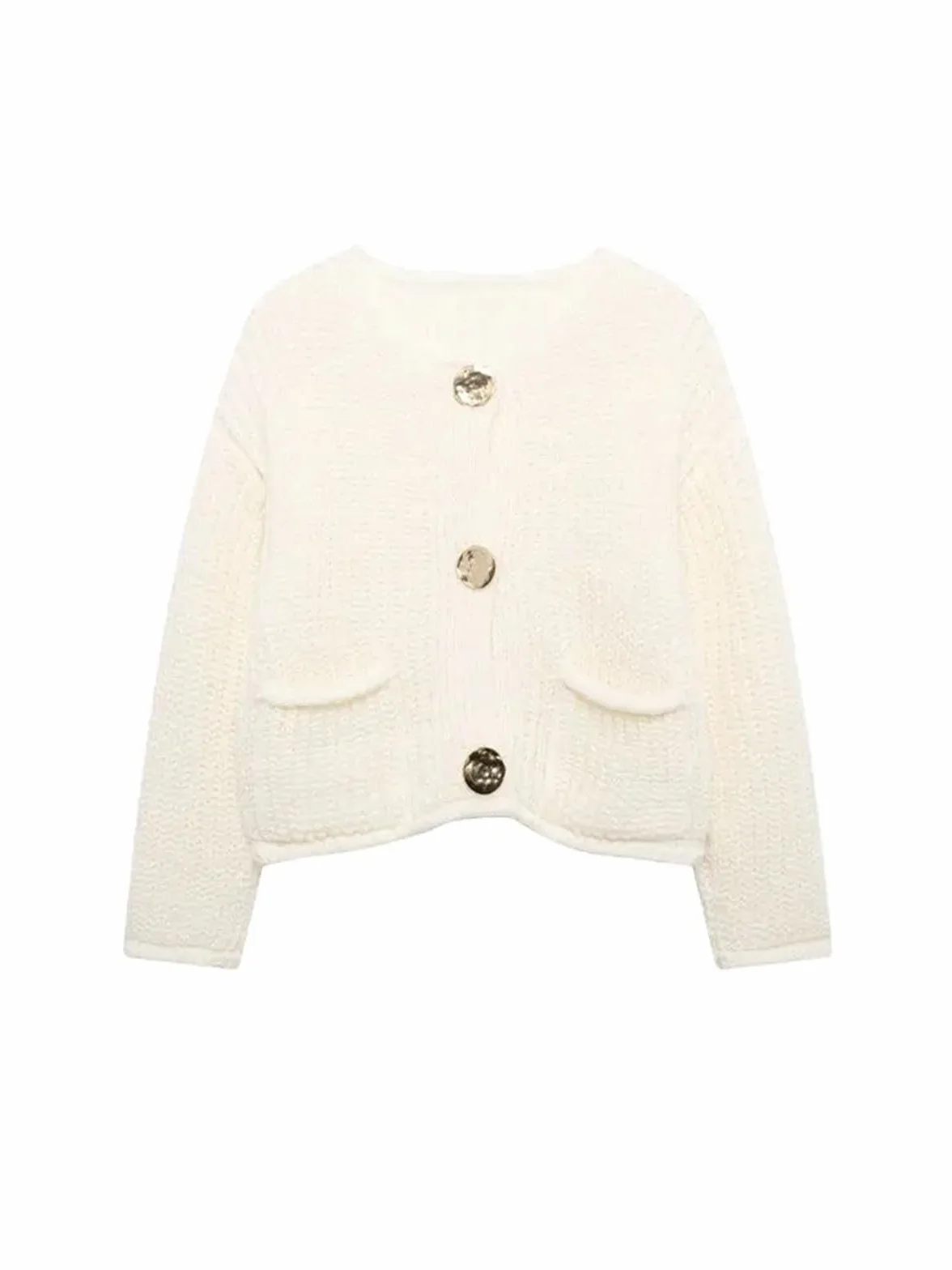 Suéter de Punto de Manga Larga for Mujer, Botones Dorados, Bolsillos de Parche Delanteros, Cuello Redondo, Prenda Exterior Femenina(Sky Blue,L)