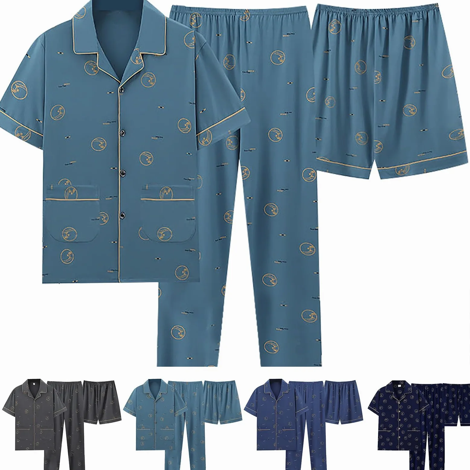 Pijama de 3 piezas para hombre, 3 piezas, conjunto de pijamas Y2K, manga corta, pijama con botones, pijama para hombre, ropa de noche, ropa de dormir, ropa de dormir, ropa de dormir, ropa de dormir