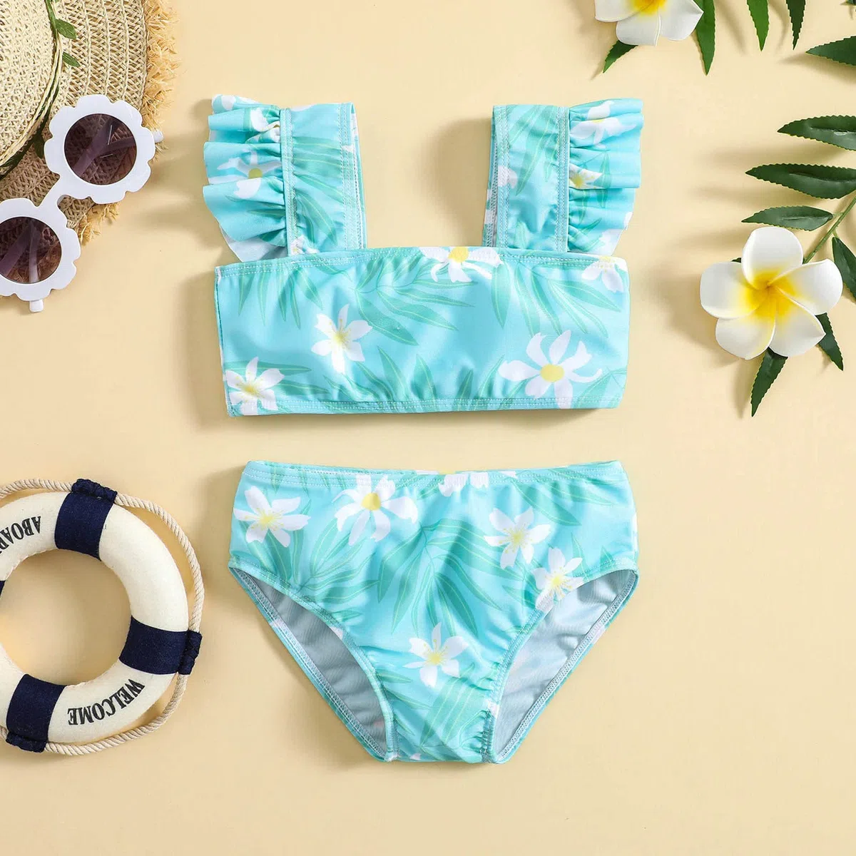 Bañador de triángulo para niña con falda de verano para niñas con estampado floral, volantes, traje de baño de dos piezas