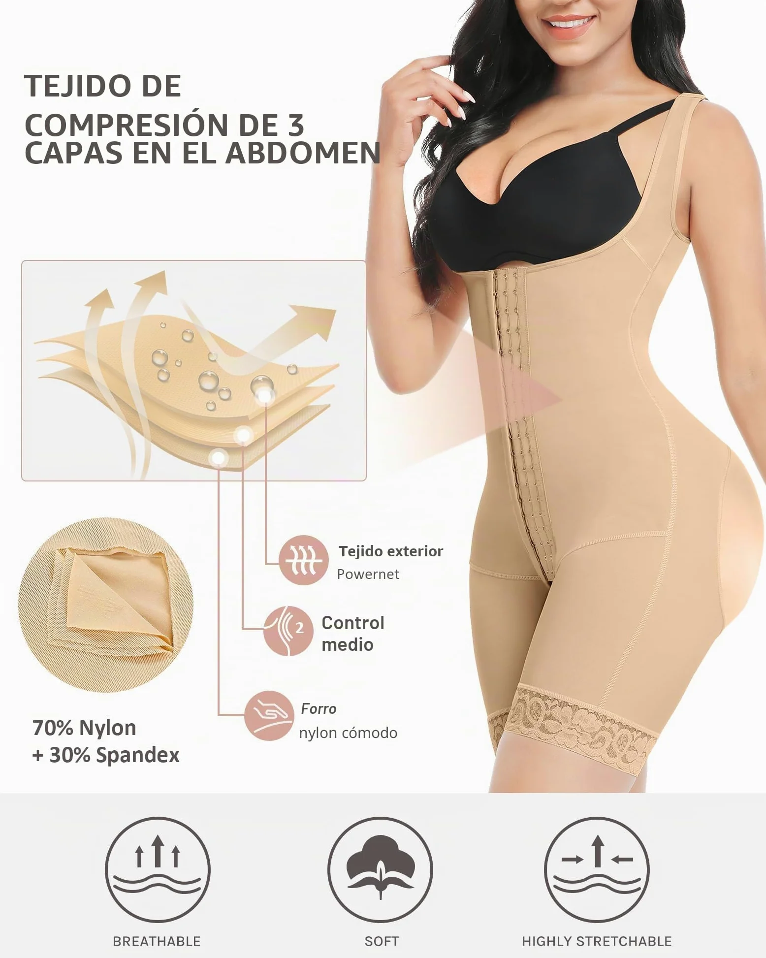 FeelinGirl Fajas Reductoras Mujer Fajas Abdomen Chaleco Corsé Abdominal Pantalones Moldeadores Cierre de Ganchos de 3 Filas con Tirantes Anchos Ajustables