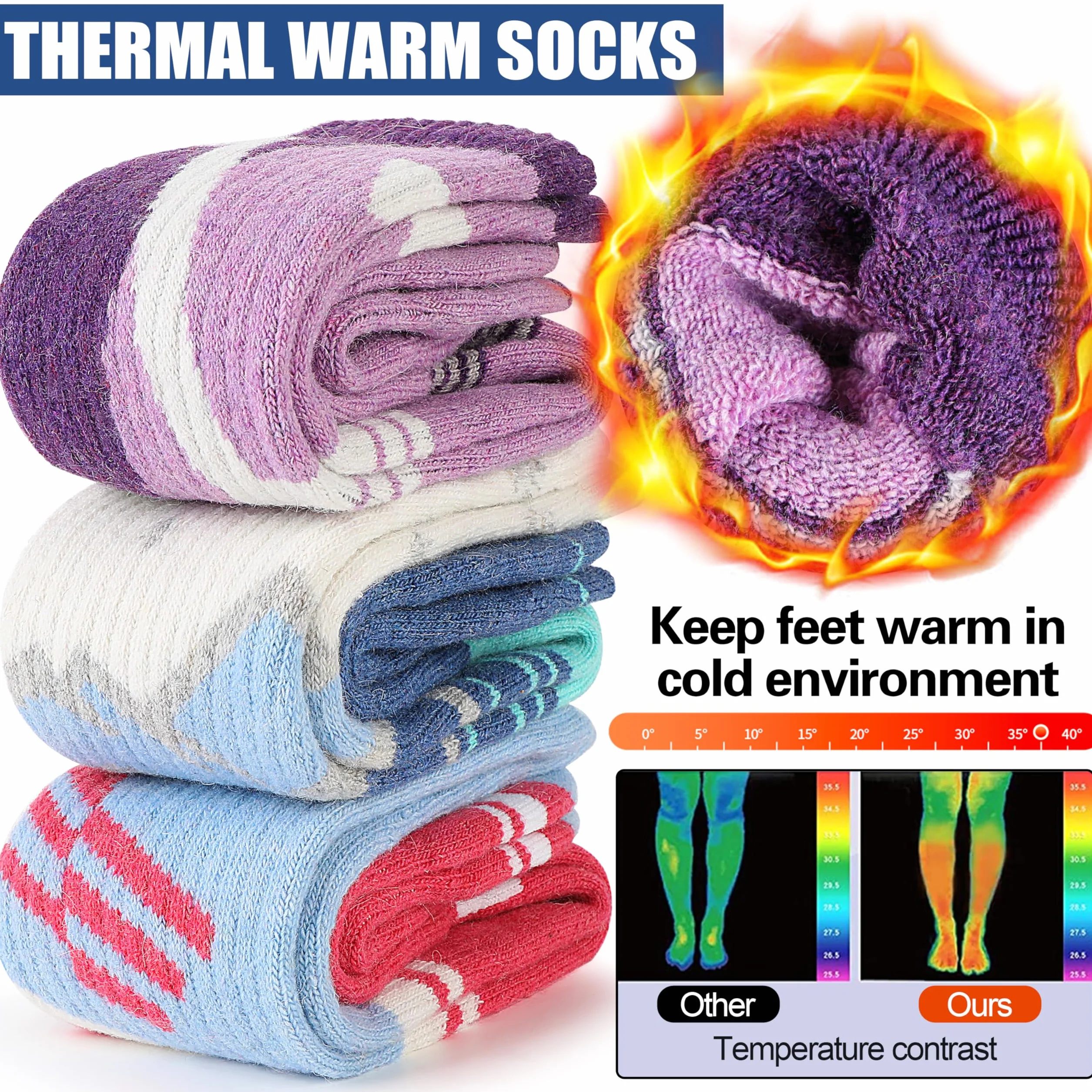 Sandsuced 3 pares Calcetines de esquí de lana merino de esquí de rodilla alta de invierno cálido térmico para mujeres hombres